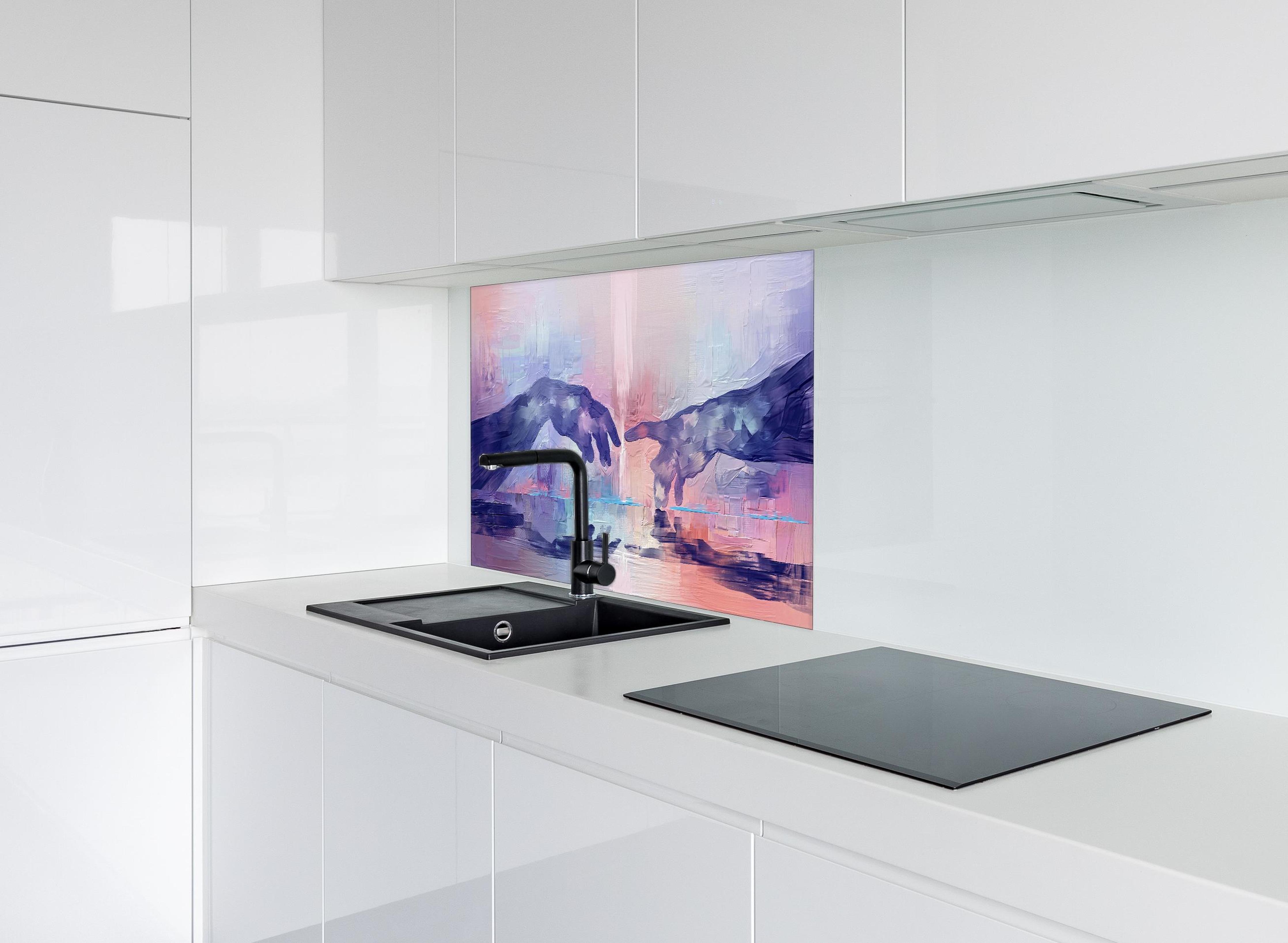 Spritzschutz - Acryl Malerei - Zwei Hände hinter einem Cerankochfeld zwischen Holz-Kochutensilien
