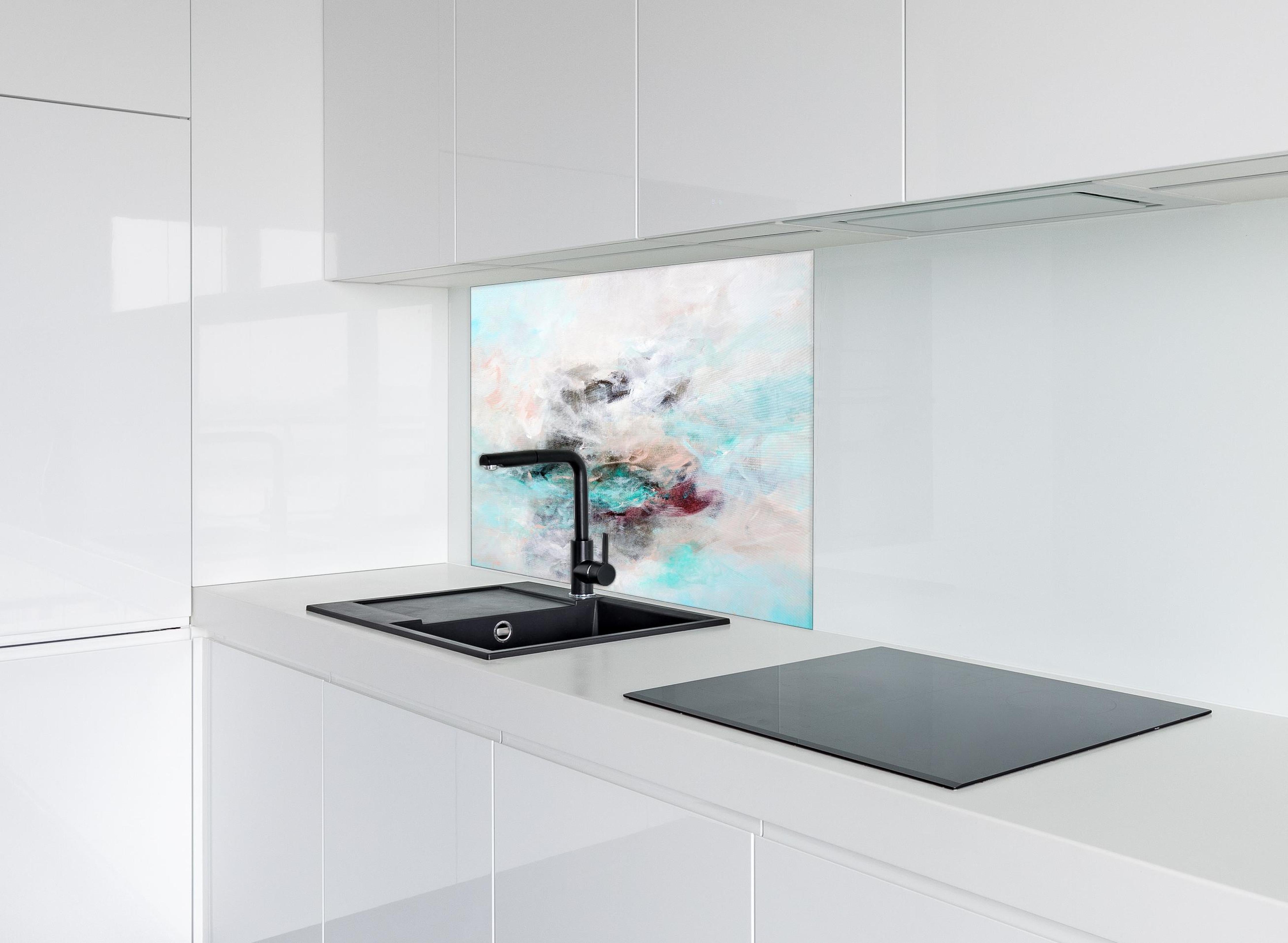 Spritzschutz - Acryl Zeichnung - Gemälde hinter einem Cerankochfeld zwischen Holz-Kochutensilien
