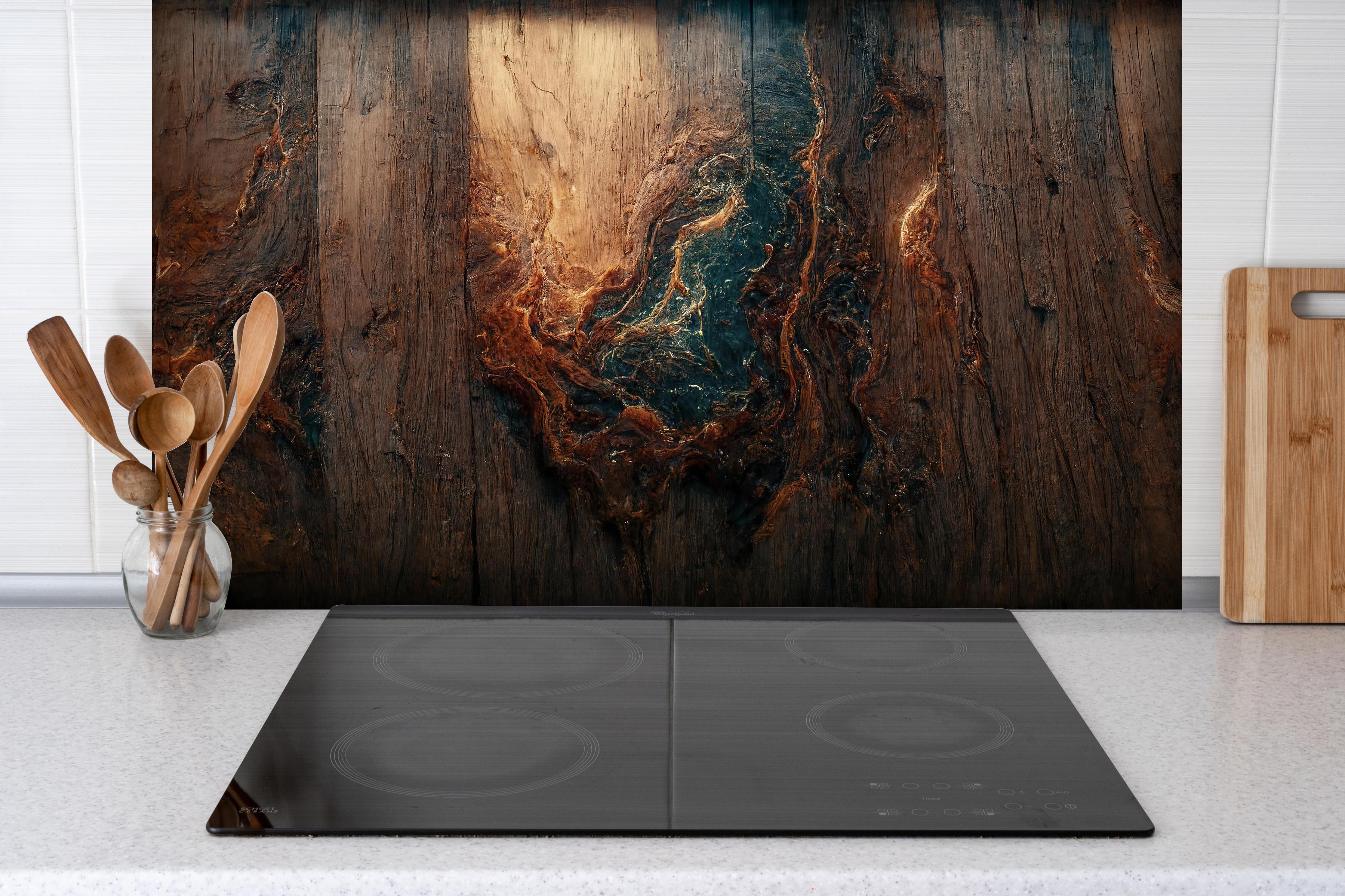 Spritzschutz - Alter Holzhintergrund mit blauem Harz hinter einem Cerankochfeld zwischen Holz-Kochutensilien
