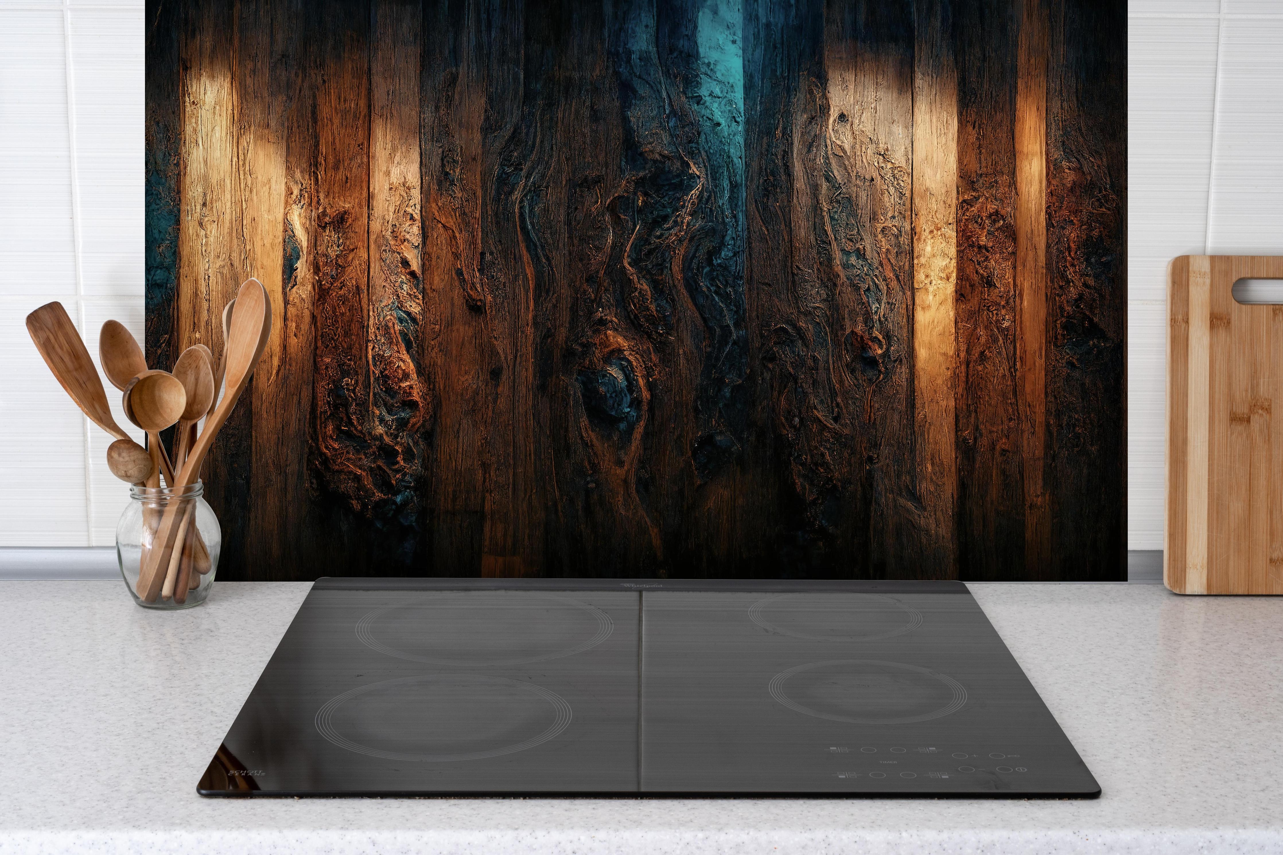 Spritzschutz - Altholz Tischplatte mit blauem Epoxy hinter einem Cerankochfeld zwischen Holz-Kochutensilien

