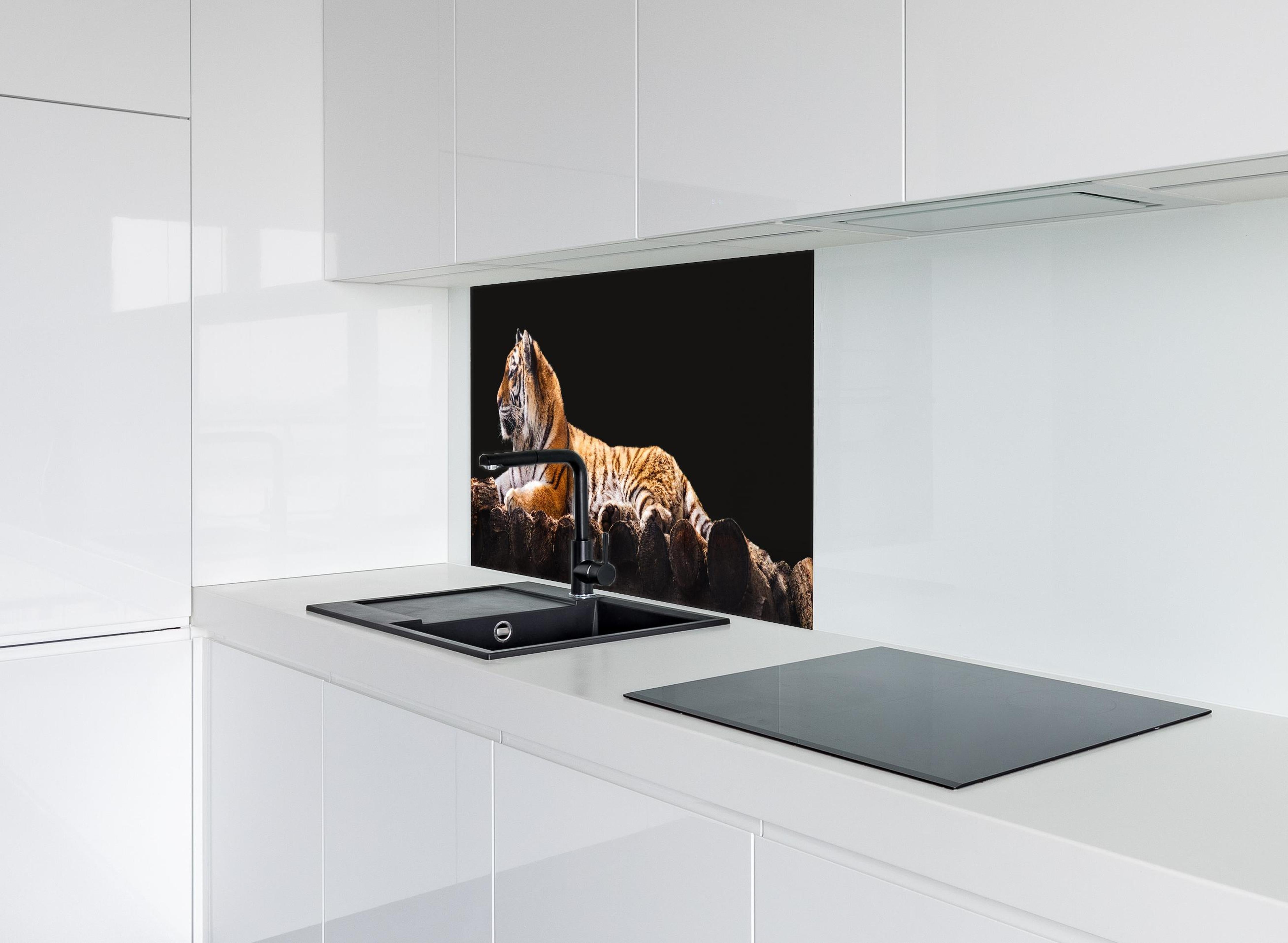 Spritzschutz - Amurtiger liegend auf Holzdeck mit Schwarzem Hintergrund hinter einem Cerankochfeld zwischen Holz-Kochutensilien
