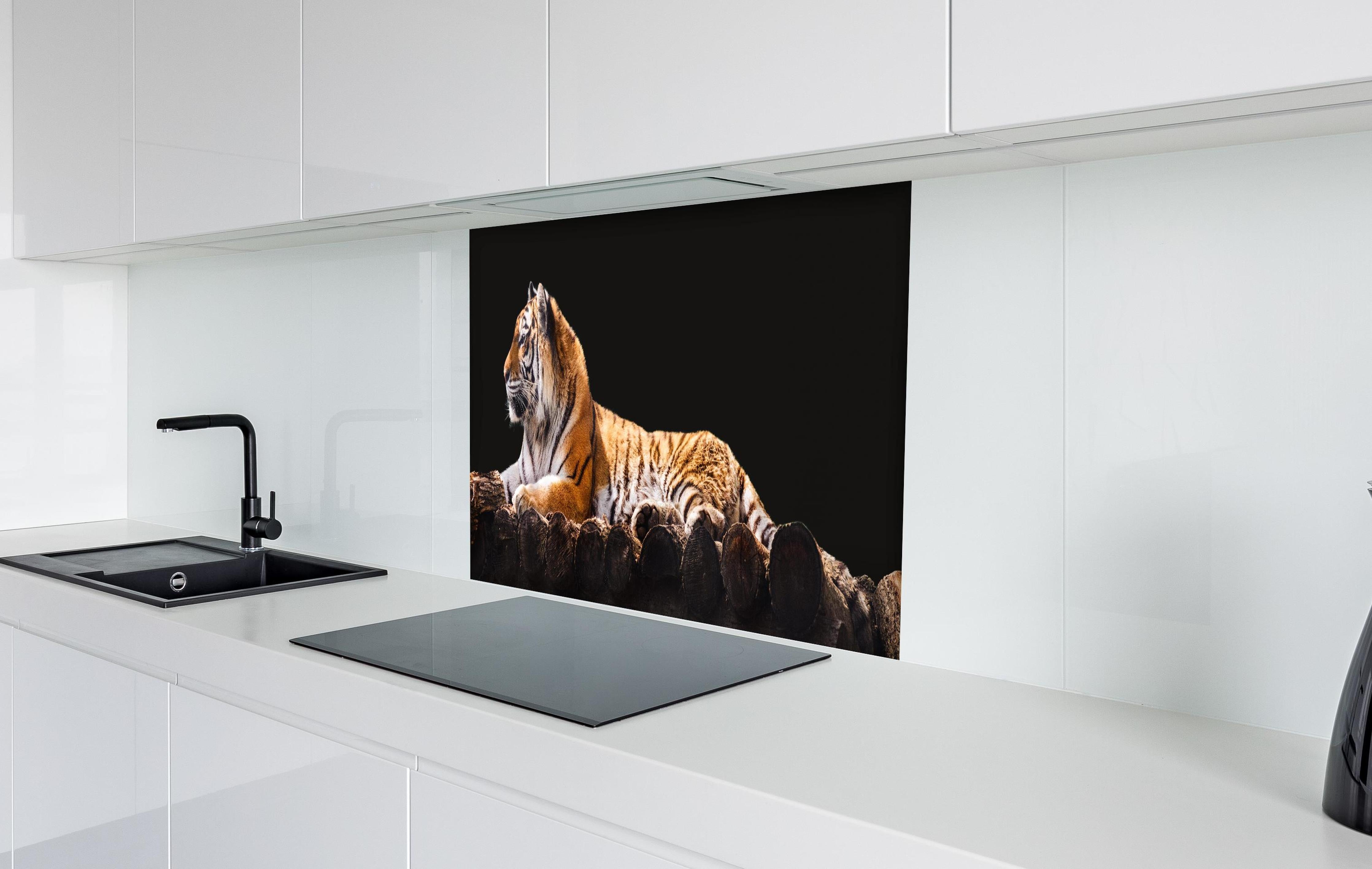 Spritzschutz - Amurtiger liegend auf Holzdeck mit Schwarzem Hintergrund hinter einem Cerankochfeld zwischen Holz-Kochutensilien
