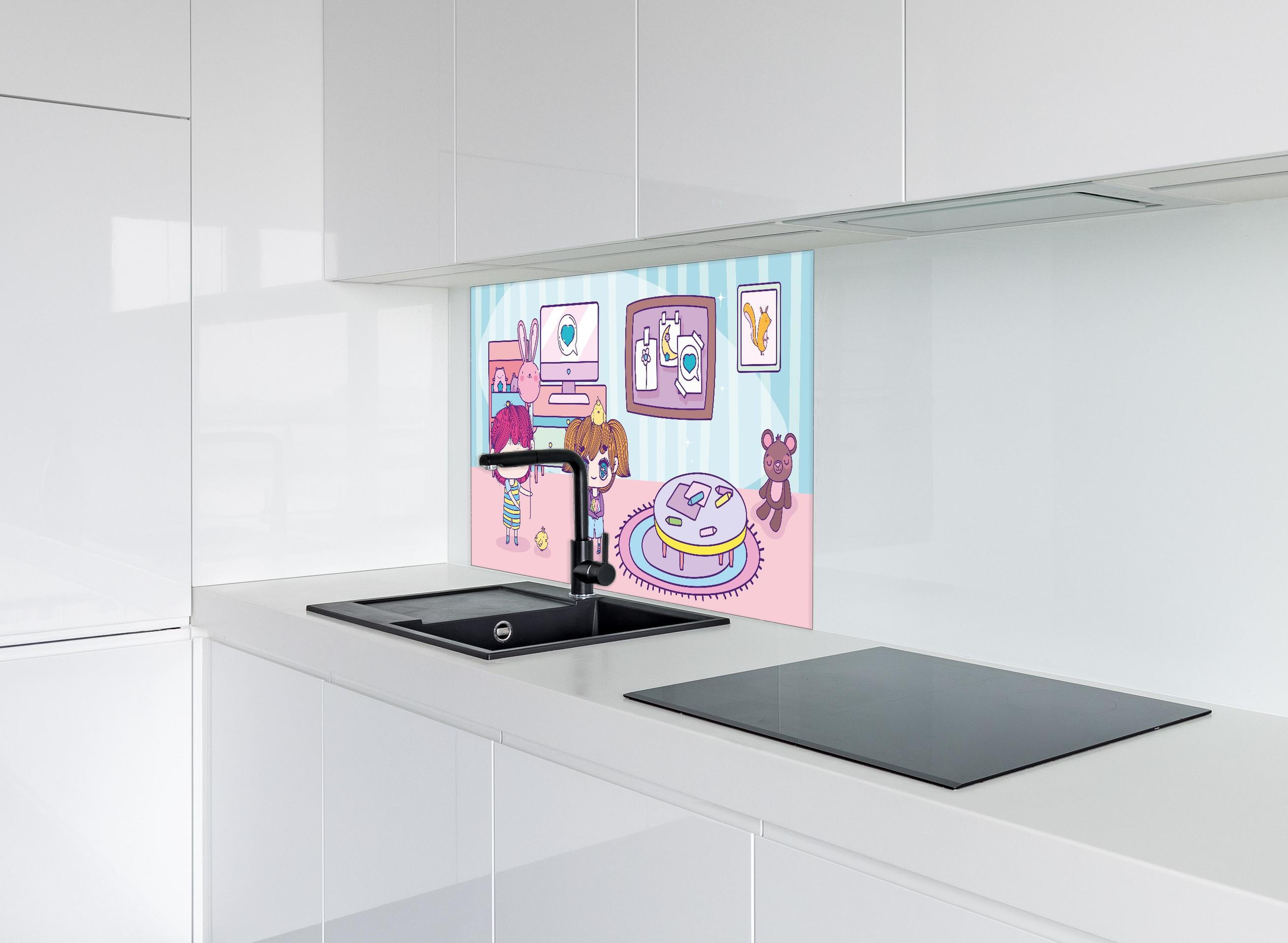 Spritzschutz - Anime Kinder mit Teddy und Computer hinter einem Cerankochfeld zwischen Holz-Kochutensilien
