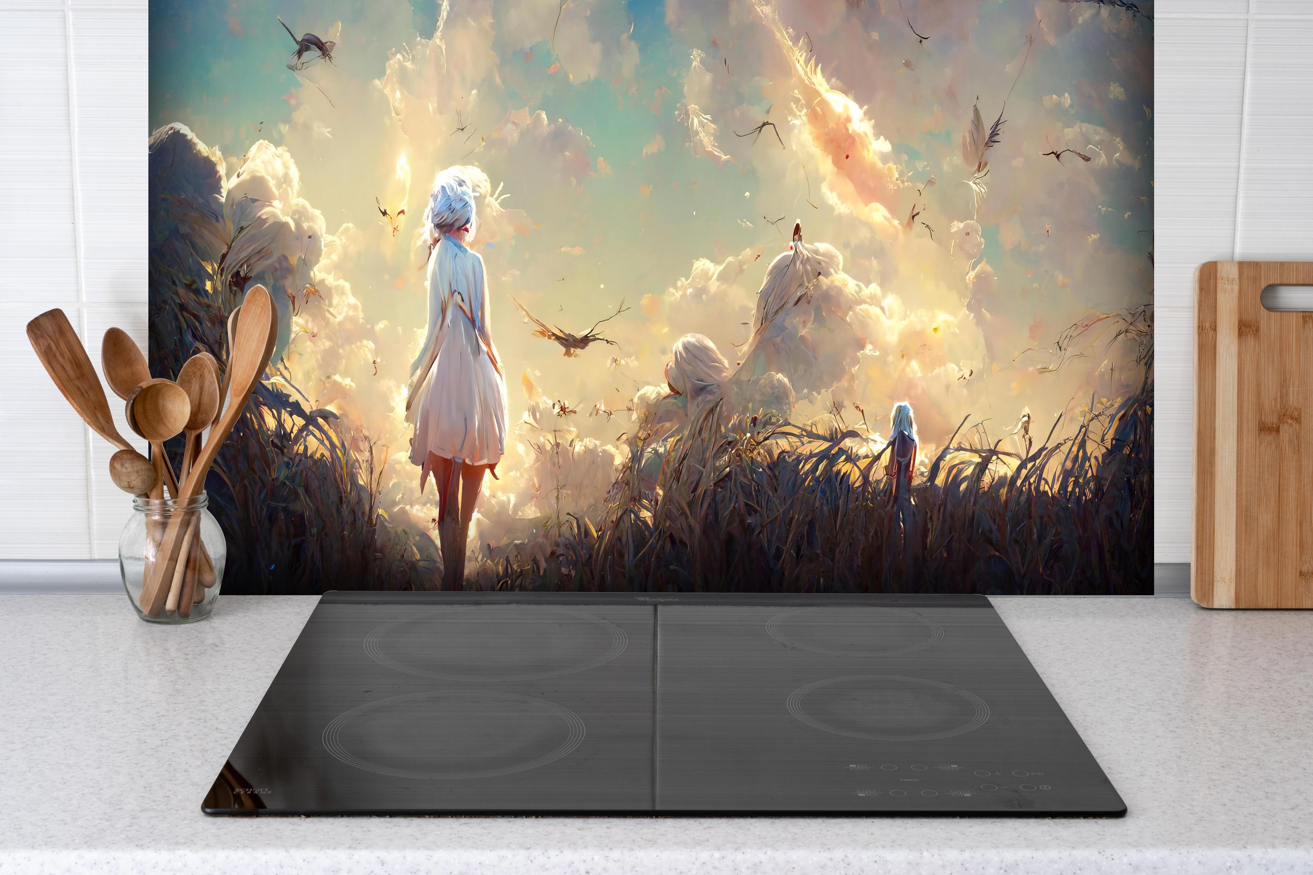 Spritzschutz - Animierte Figuren bei Sonnenuntergang hinter einem Cerankochfeld zwischen Holz-Kochutensilien
