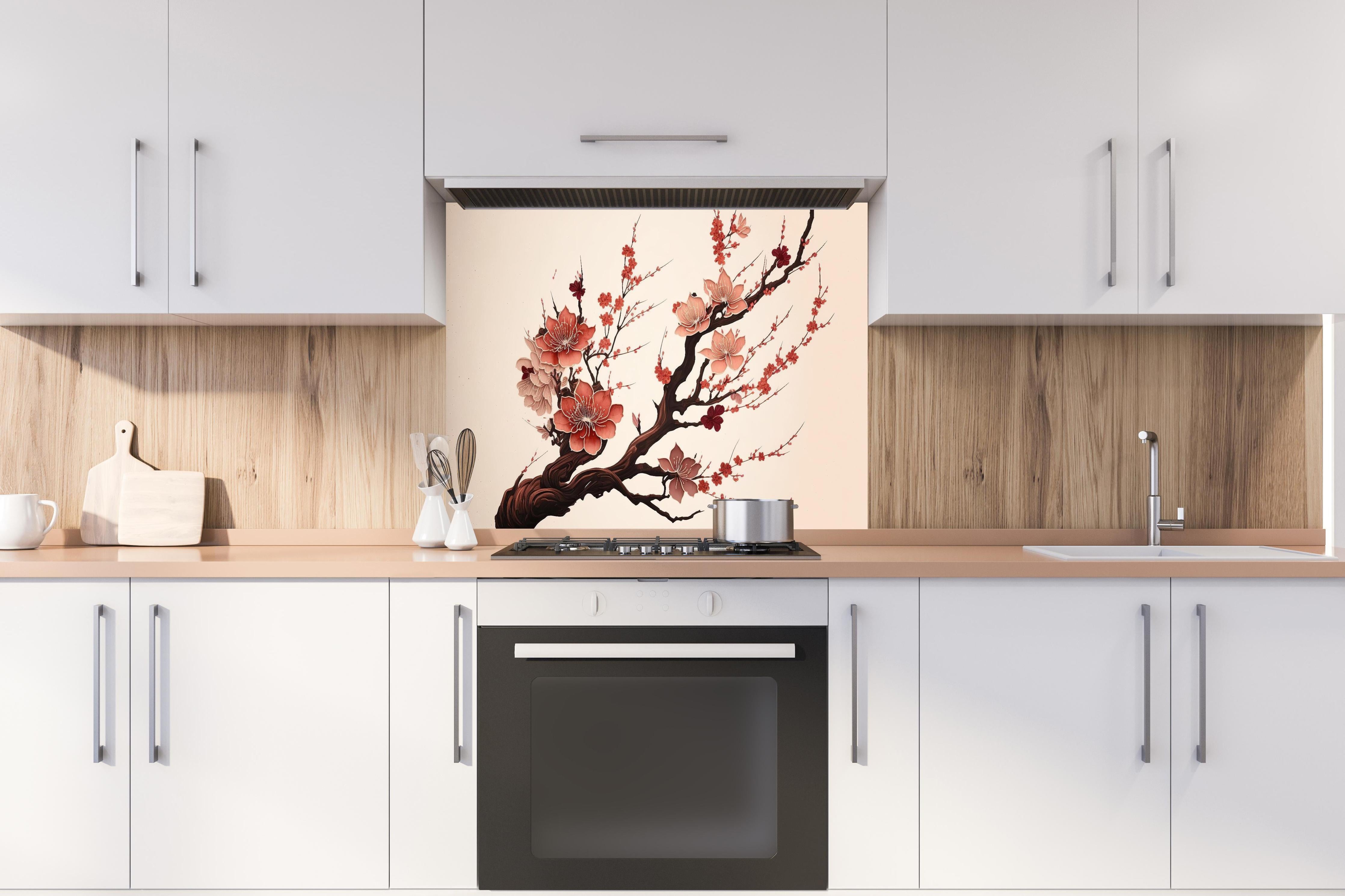 Spritzschutz - Aquarell Kirschblütenzweig Sakura hinter einem Cerankochfeld zwischen Holz-Kochutensilien
