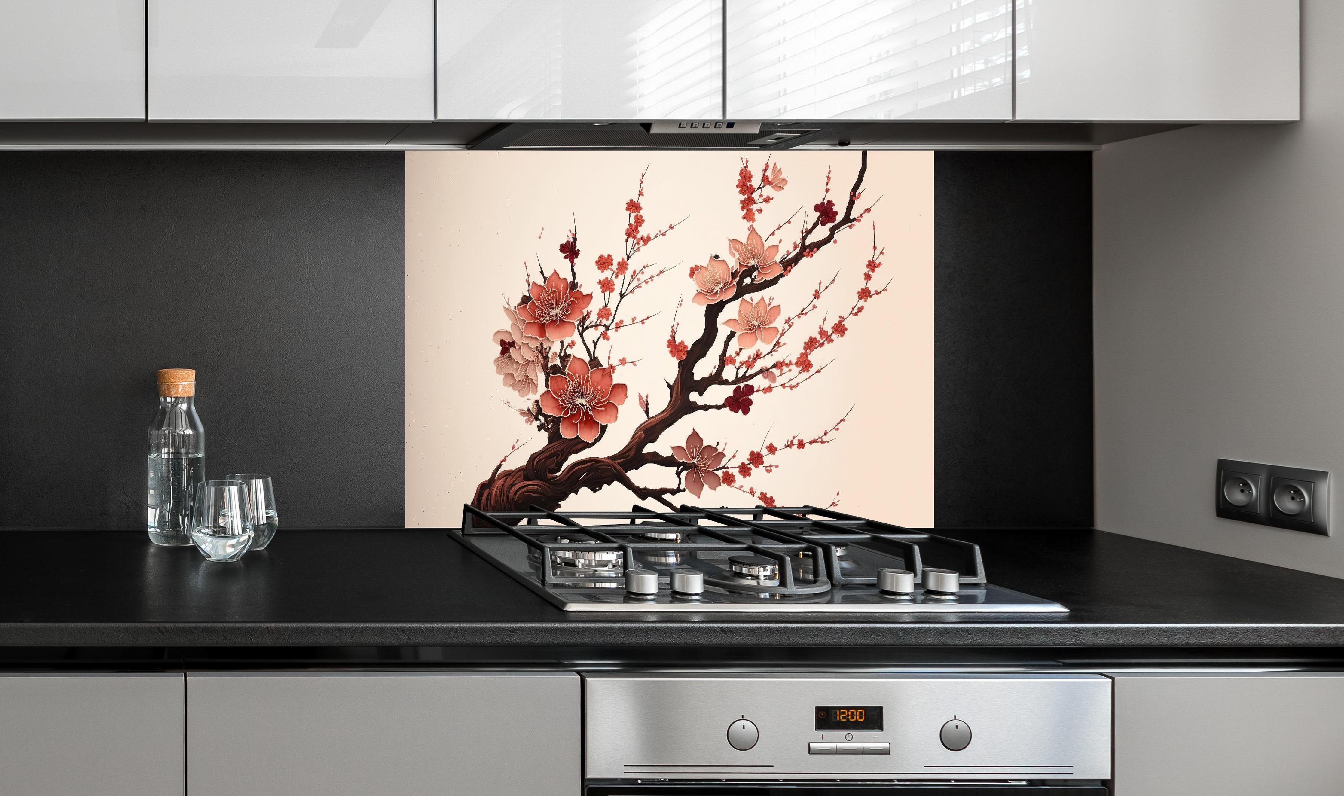 Spritzschutz - Aquarell Kirschblütenzweig Sakura hinter einem Cerankochfeld zwischen Holz-Kochutensilien
