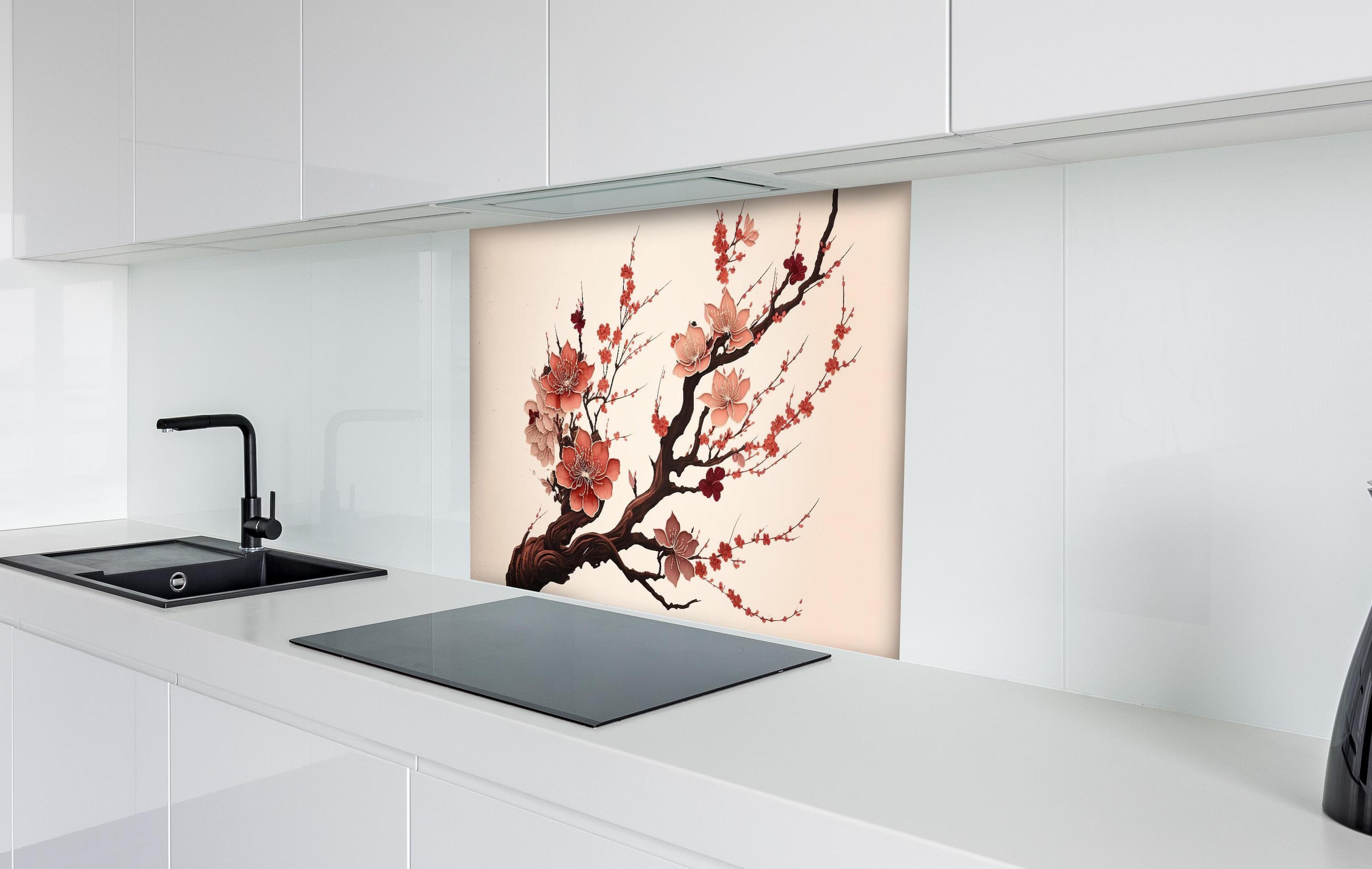 Spritzschutz - Aquarell Kirschblütenzweig Sakura hinter einem Cerankochfeld zwischen Holz-Kochutensilien
