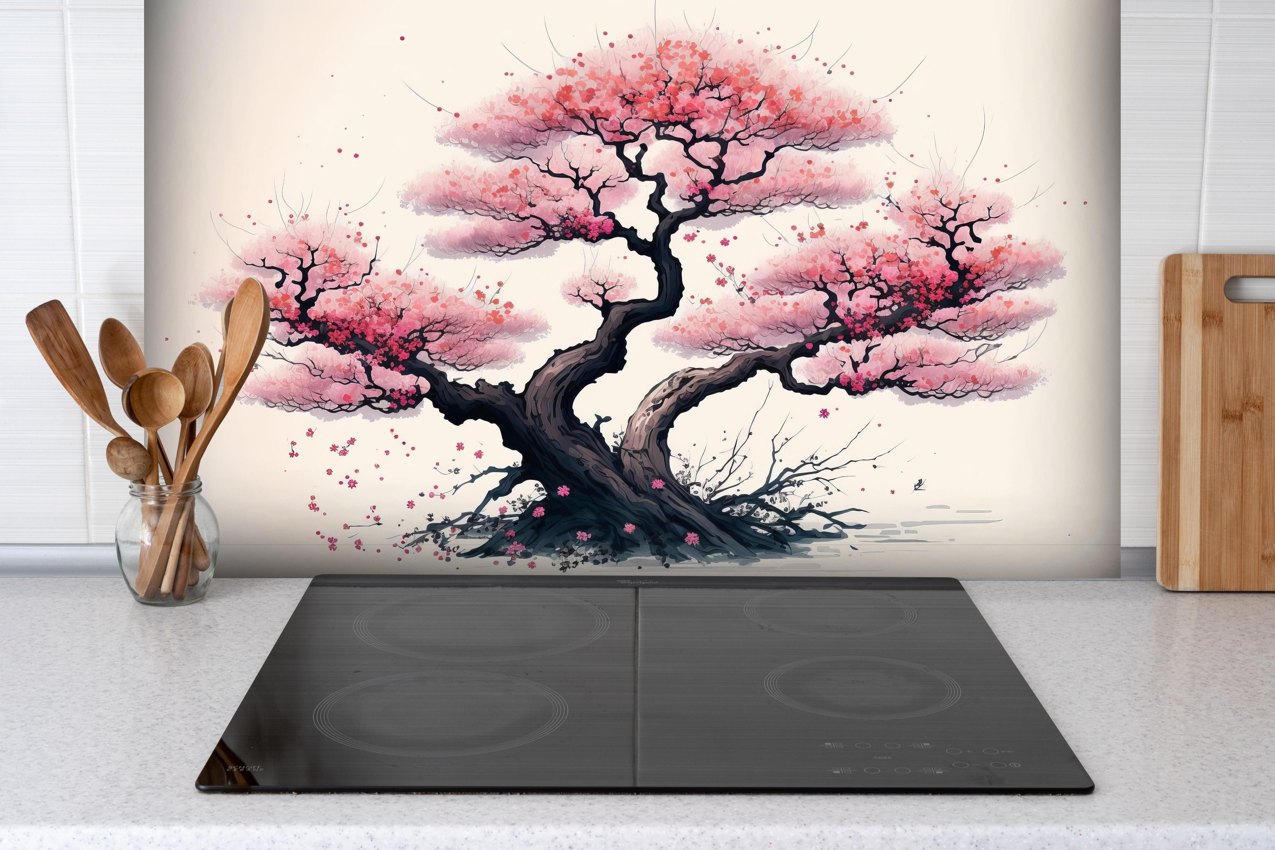Spritzschutz - Aquarell Sakura Baum in Blüte hinter einem Cerankochfeld zwischen Holz-Kochutensilien
