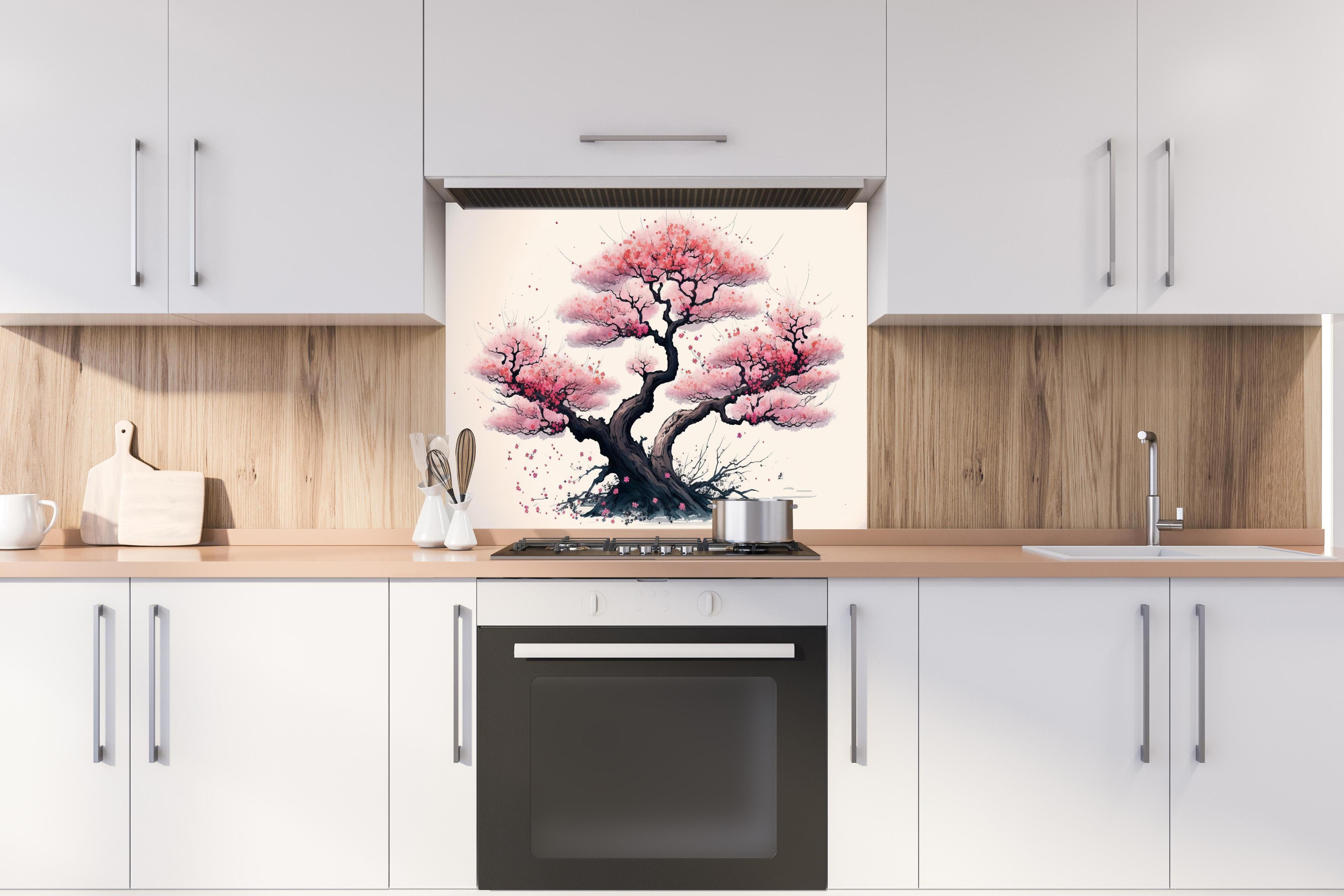 Spritzschutz - Aquarell Sakura Baum in Blüte hinter einem Cerankochfeld zwischen Holz-Kochutensilien
