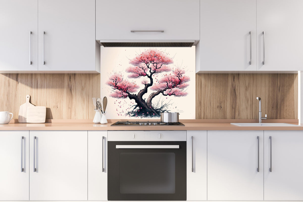 Spritzschutz - Aquarell Sakura Baum in Blüte hinter einem Cerankochfeld zwischen Holz-Kochutensilien
