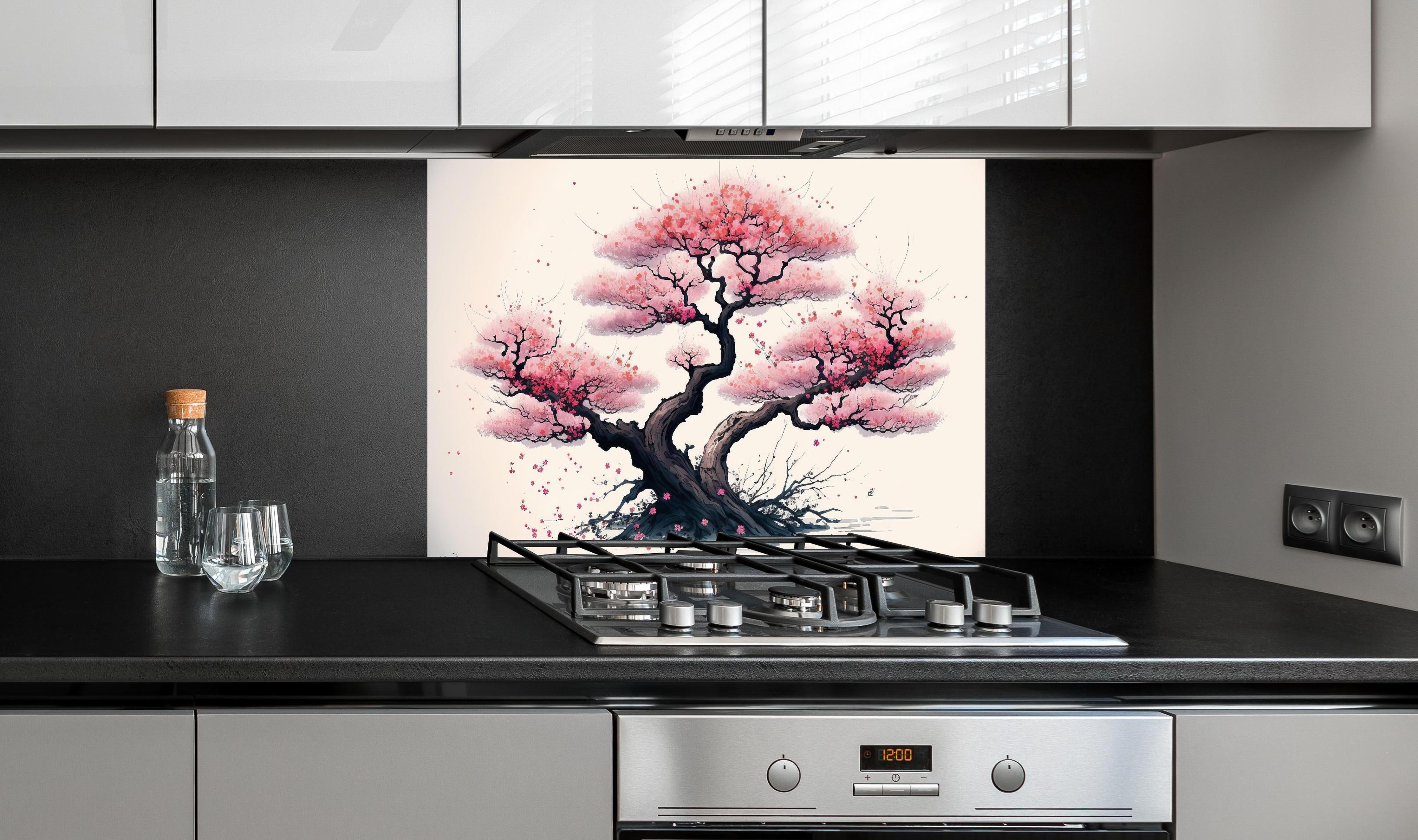 Spritzschutz - Aquarell Sakura Baum in Blüte hinter einem Cerankochfeld zwischen Holz-Kochutensilien
