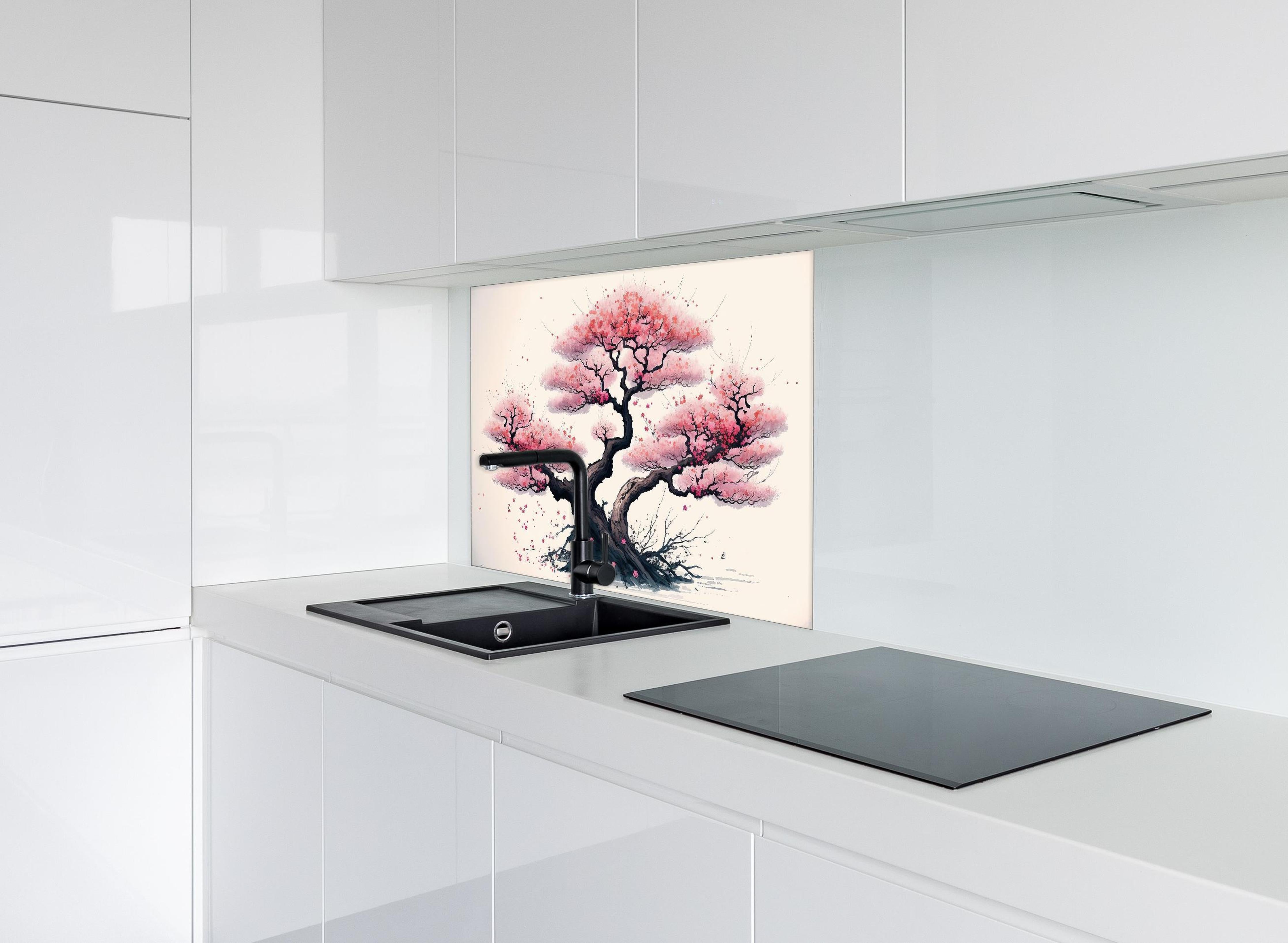 Spritzschutz - Aquarell Sakura Baum in Blüte hinter einem Cerankochfeld zwischen Holz-Kochutensilien
