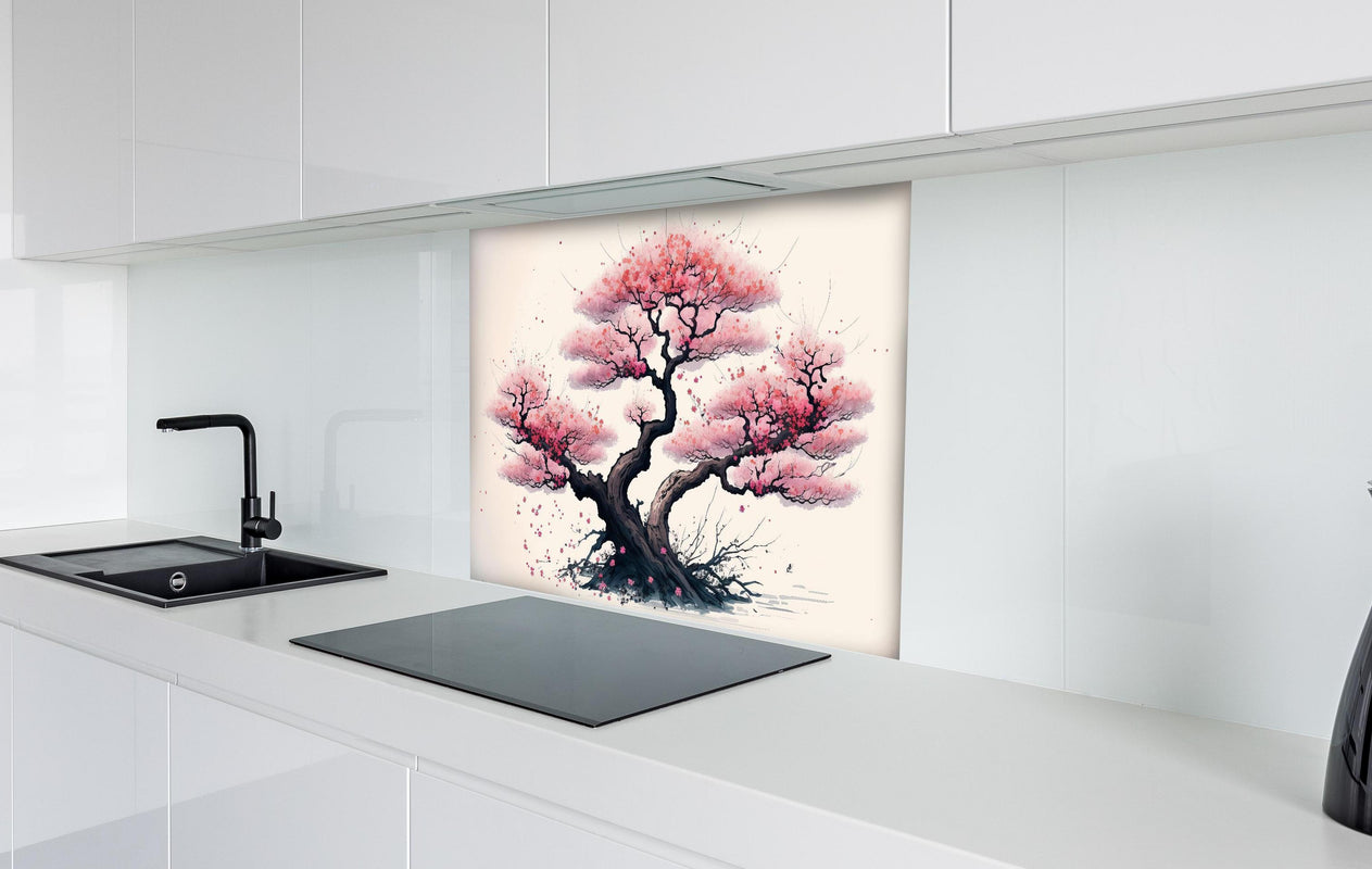 Spritzschutz - Aquarell Sakura Baum in Blüte hinter einem Cerankochfeld zwischen Holz-Kochutensilien
