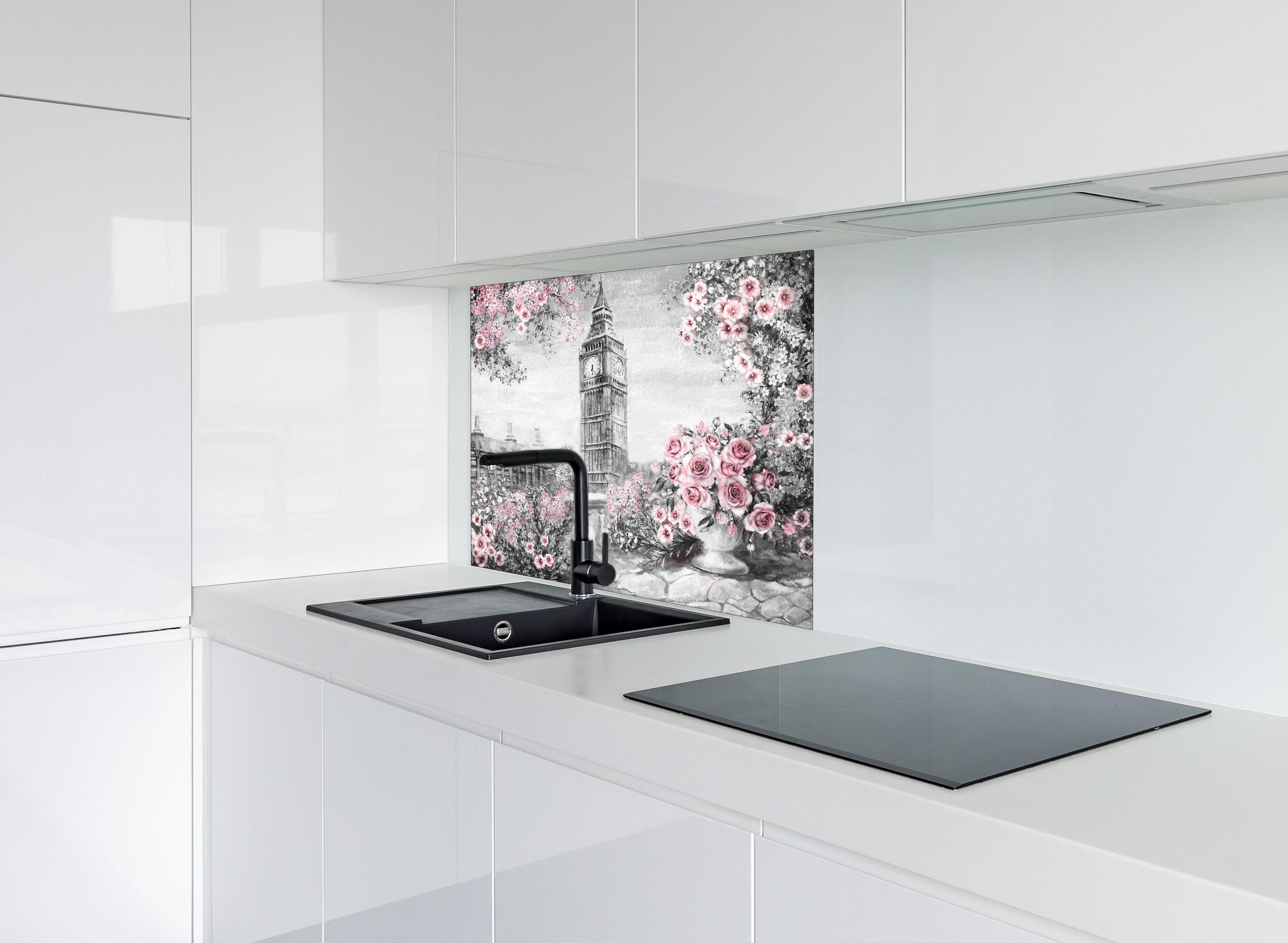 Spritzschutz - Aquarell des Big Ben hinter einem Cerankochfeld zwischen Holz-Kochutensilien
