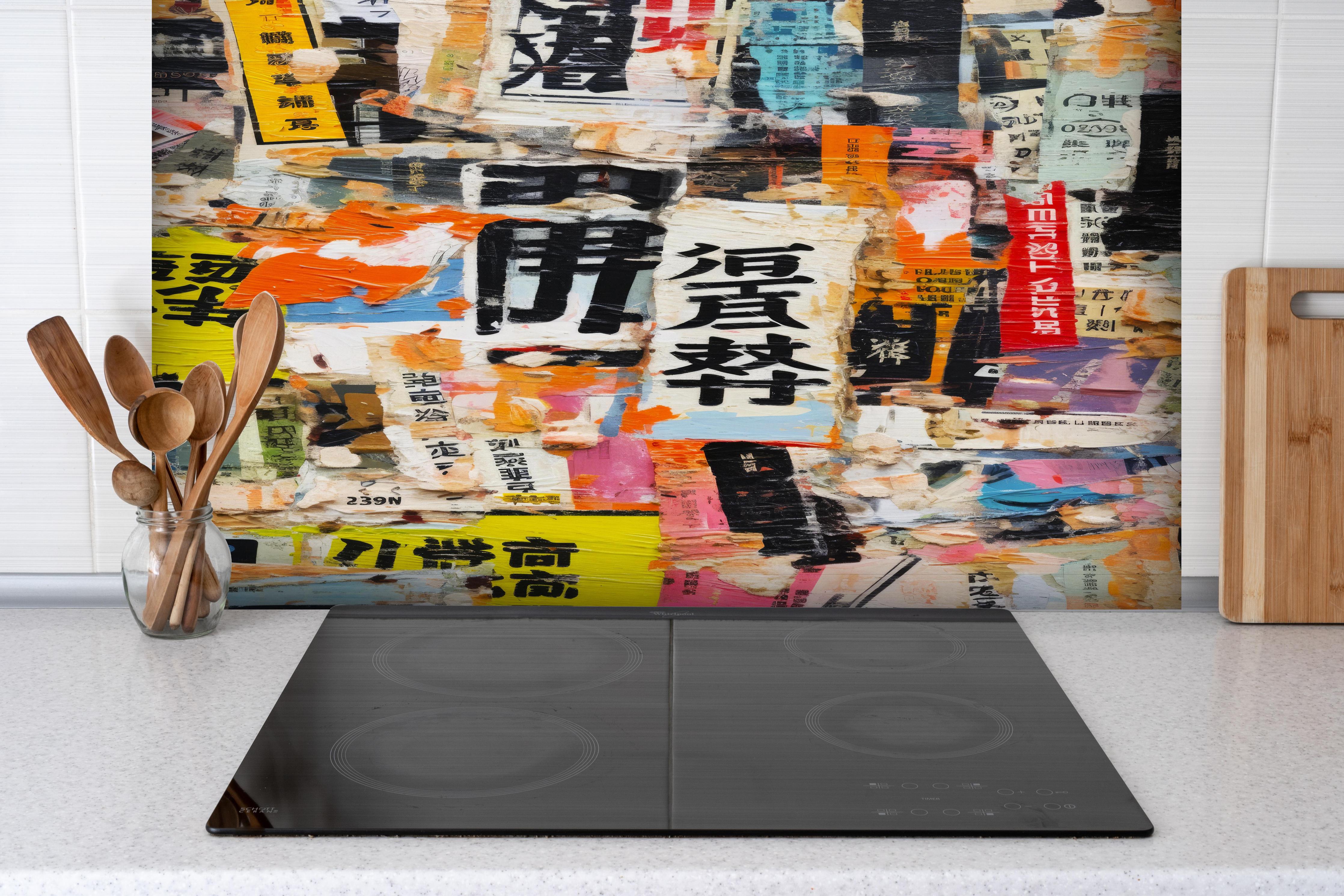 Spritzschutz - Asiatische Graffiti-Collage, Farbenspiel hinter einem Cerankochfeld zwischen Holz-Kochutensilien
