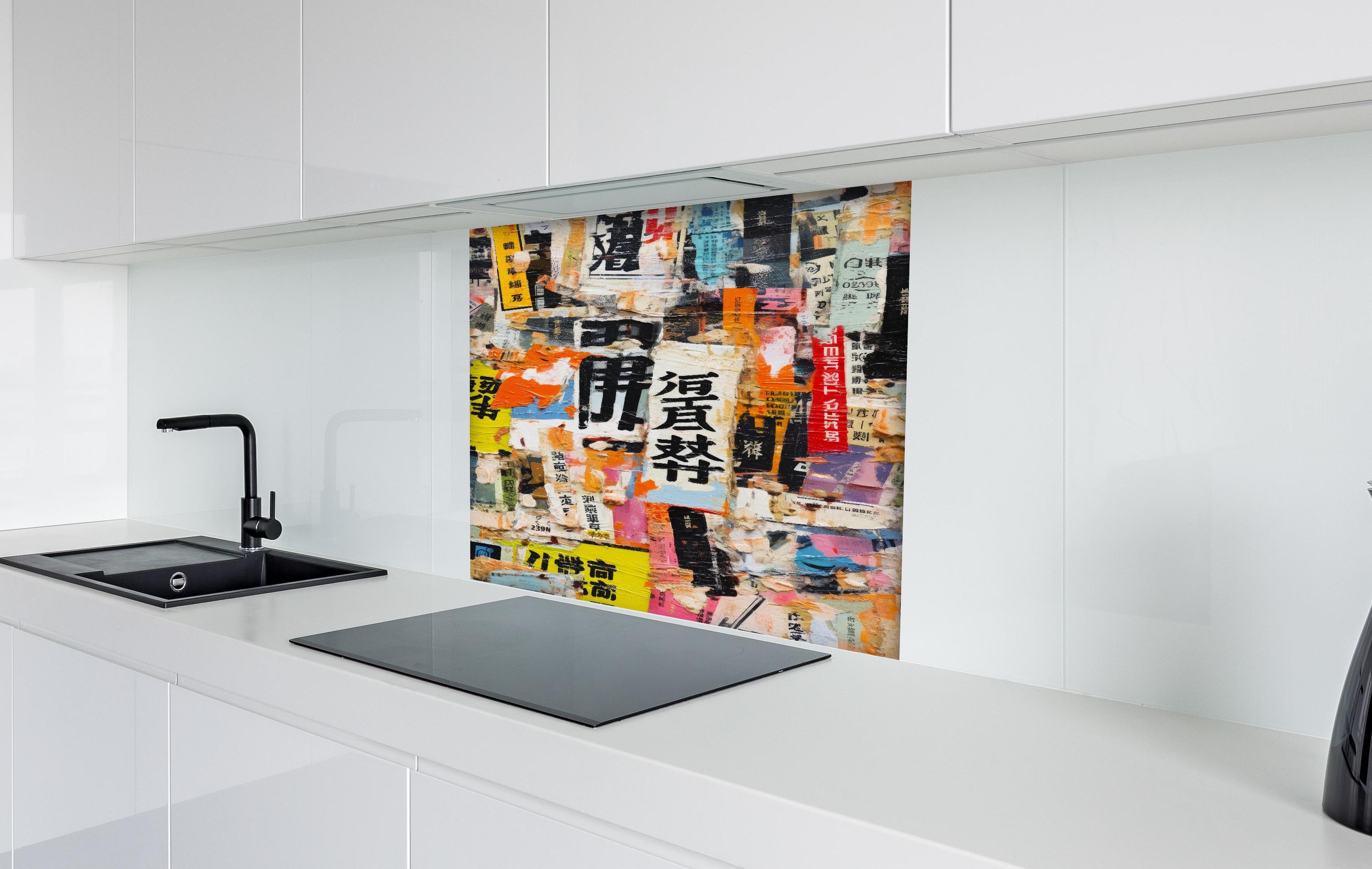 Spritzschutz - Asiatische Graffiti-Collage, Farbenspiel hinter einem Cerankochfeld zwischen Holz-Kochutensilien
