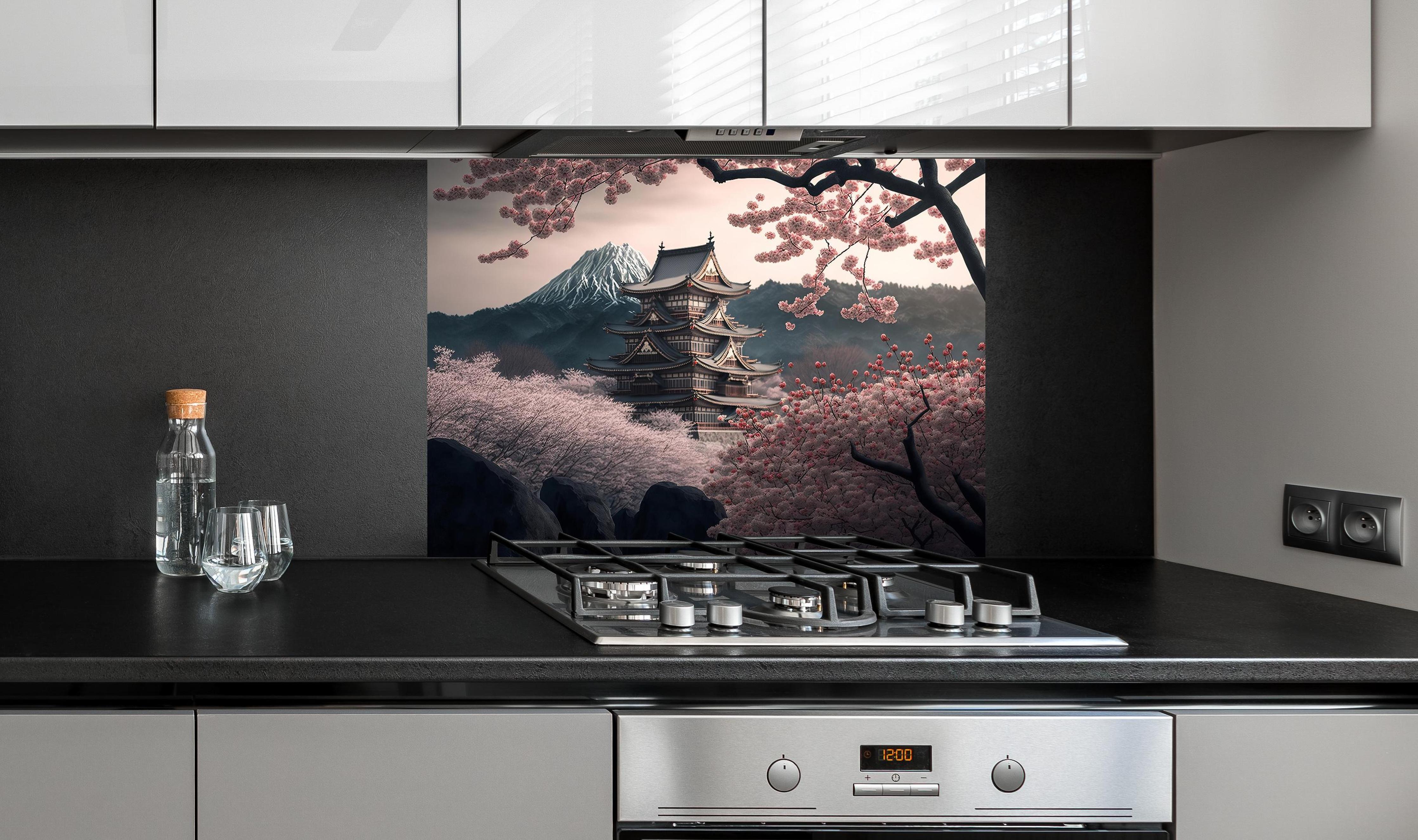 Spritzschutz - Asiatische Kirschblüte mit Tempelblick hinter einem Cerankochfeld zwischen Holz-Kochutensilien
