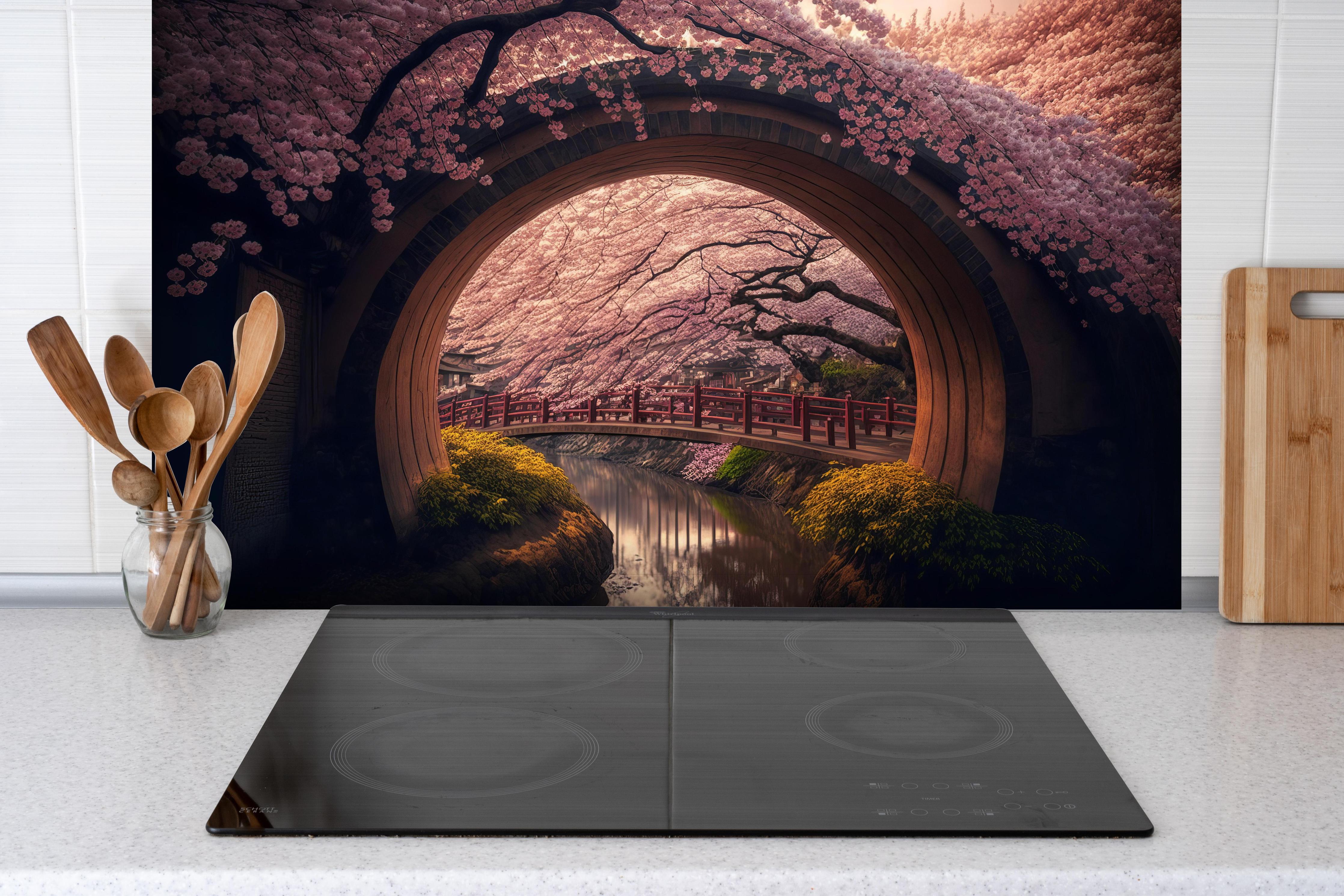 Spritzschutz - Asiatische Kirschblüte über Holzbrücke hinter einem Cerankochfeld zwischen Holz-Kochutensilien
