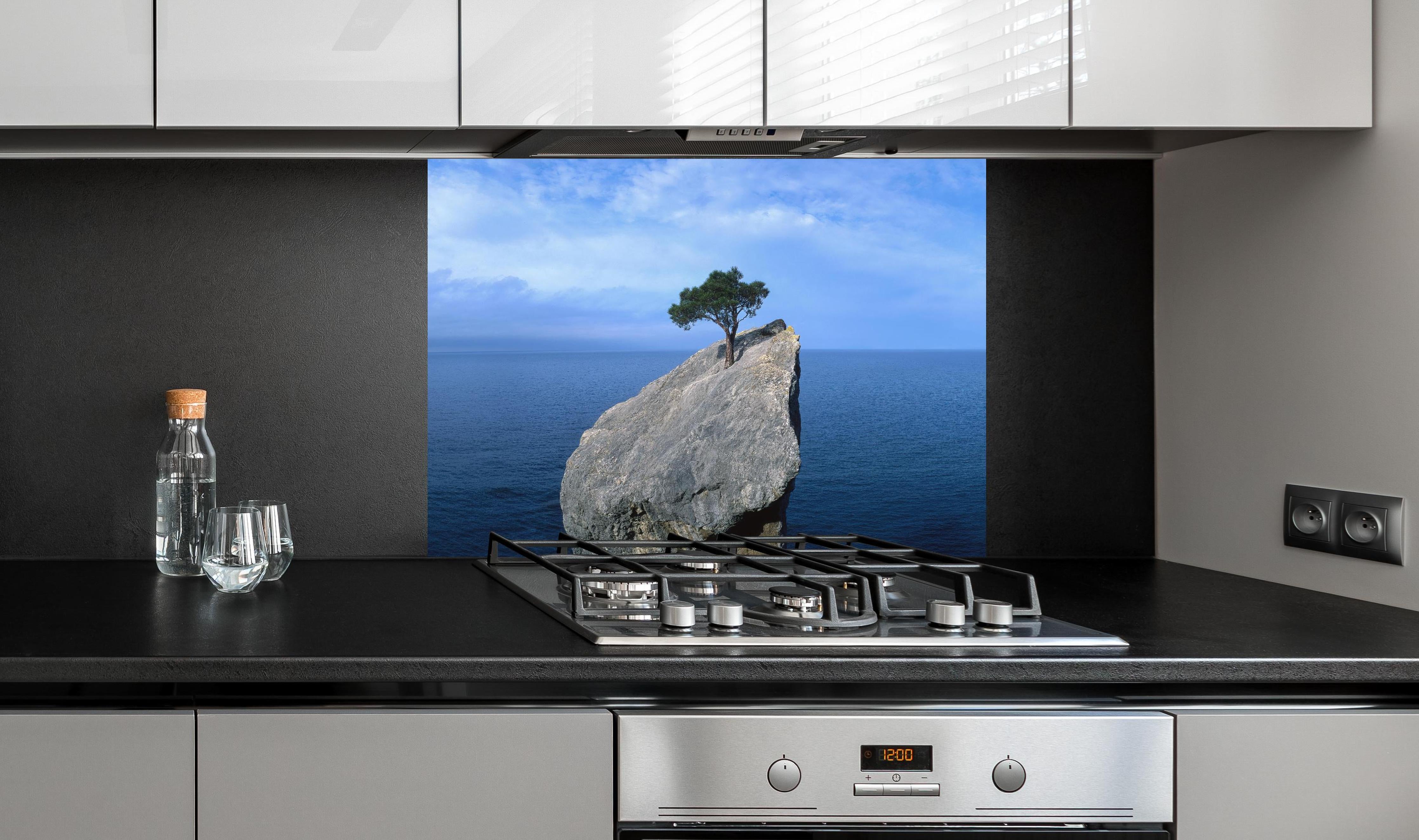 Spritzschutz - Baum auf Fels mitten im Ozean hinter einem Cerankochfeld zwischen Holz-Kochutensilien
