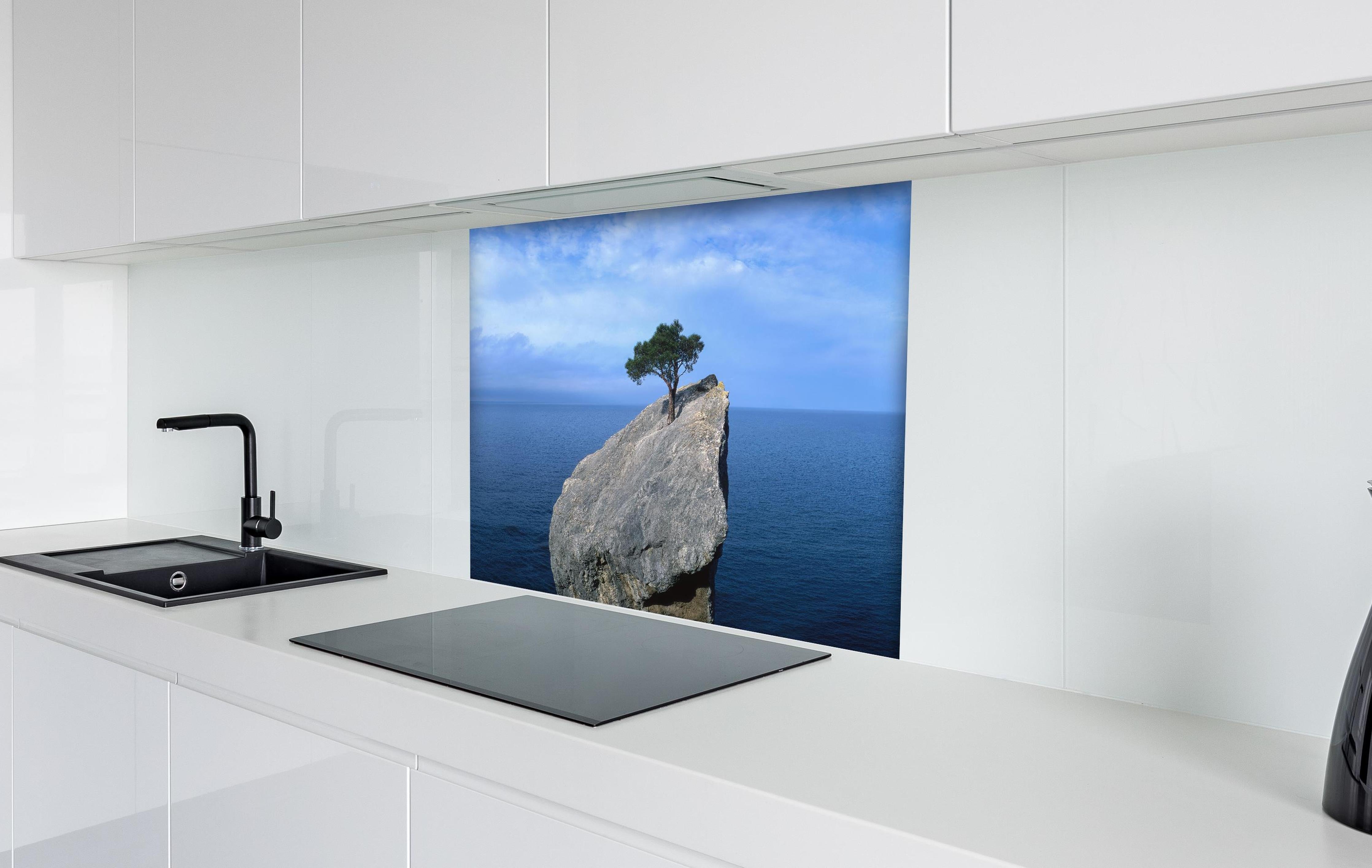 Spritzschutz - Baum auf Fels mitten im Ozean hinter einem Cerankochfeld zwischen Holz-Kochutensilien
