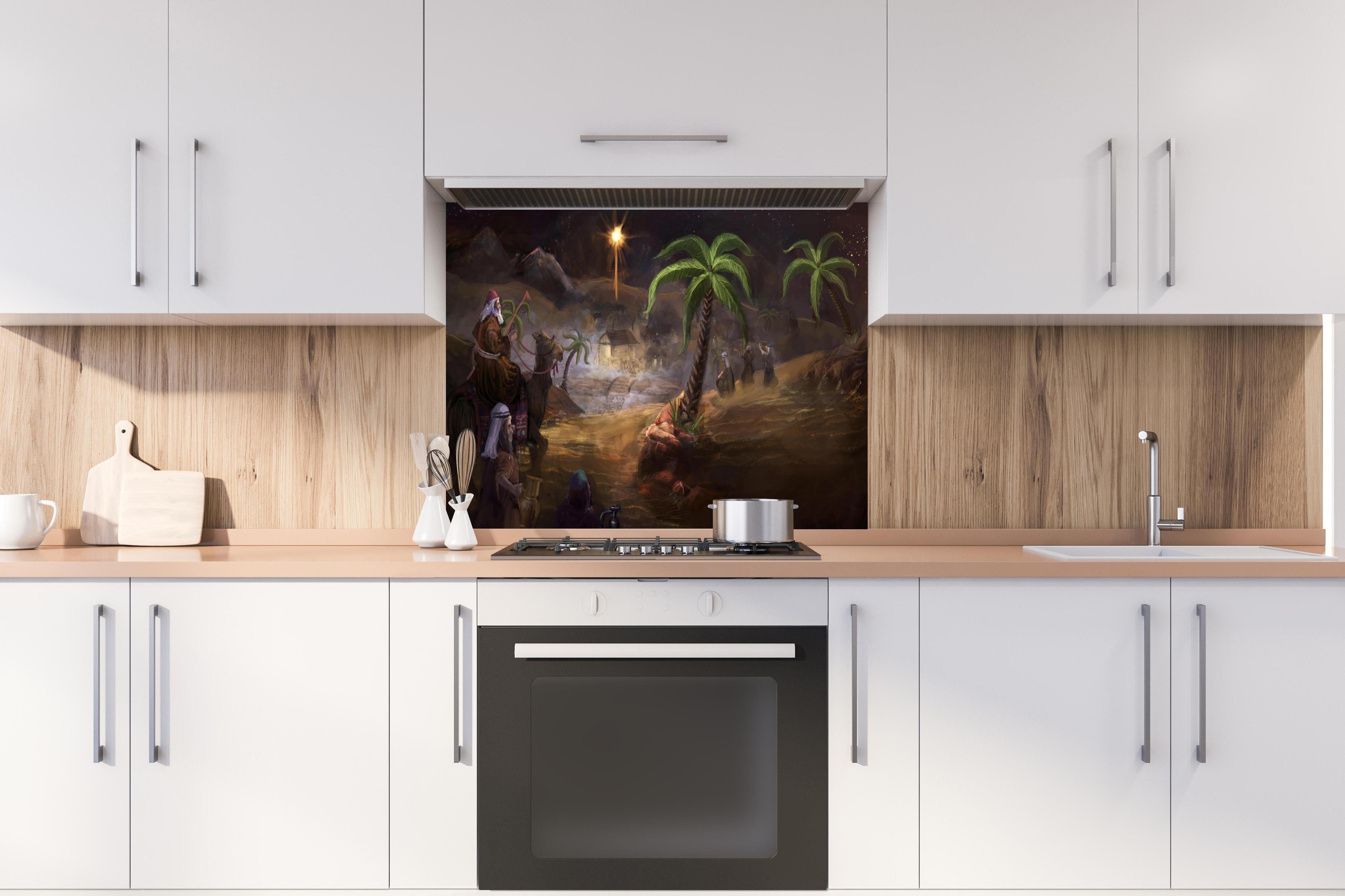 Spritzschutz - Biblisches Gemälde hinter einem Cerankochfeld zwischen Holz-Kochutensilien

