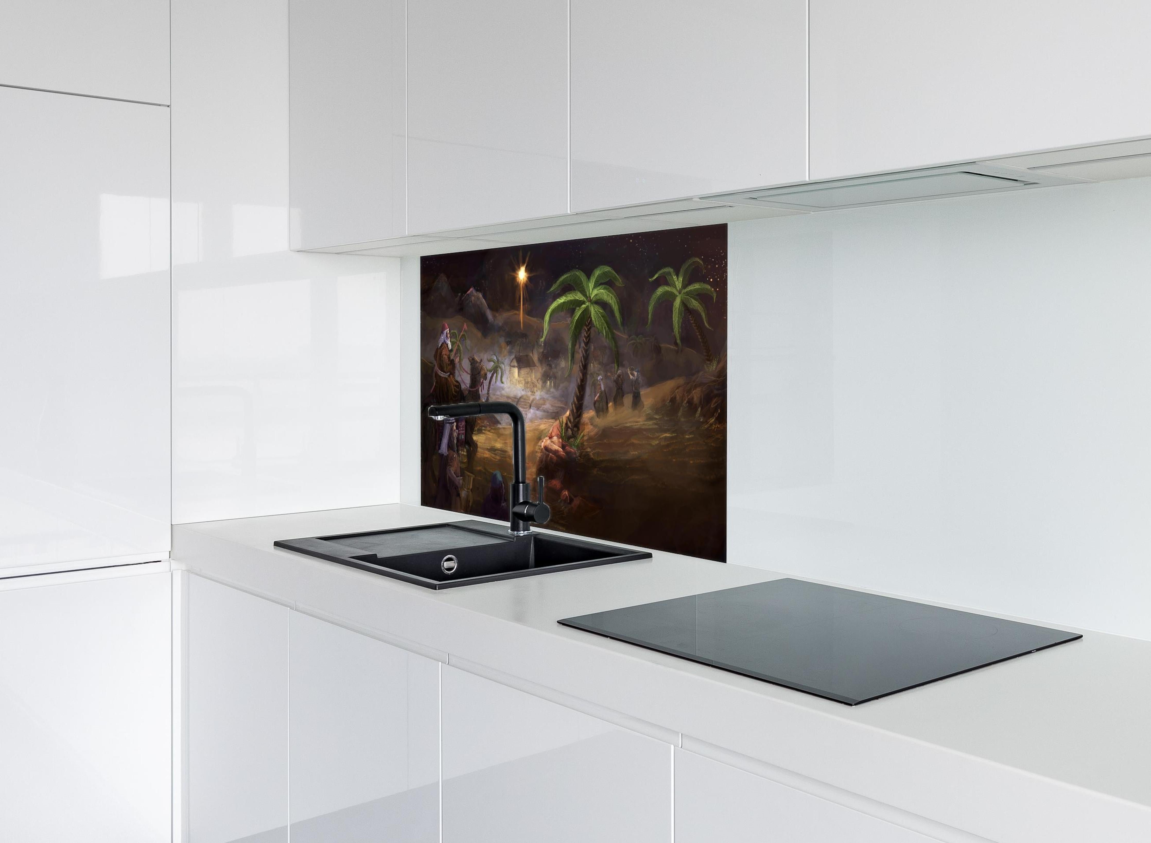 Spritzschutz - Biblisches Gemälde hinter einem Cerankochfeld zwischen Holz-Kochutensilien
