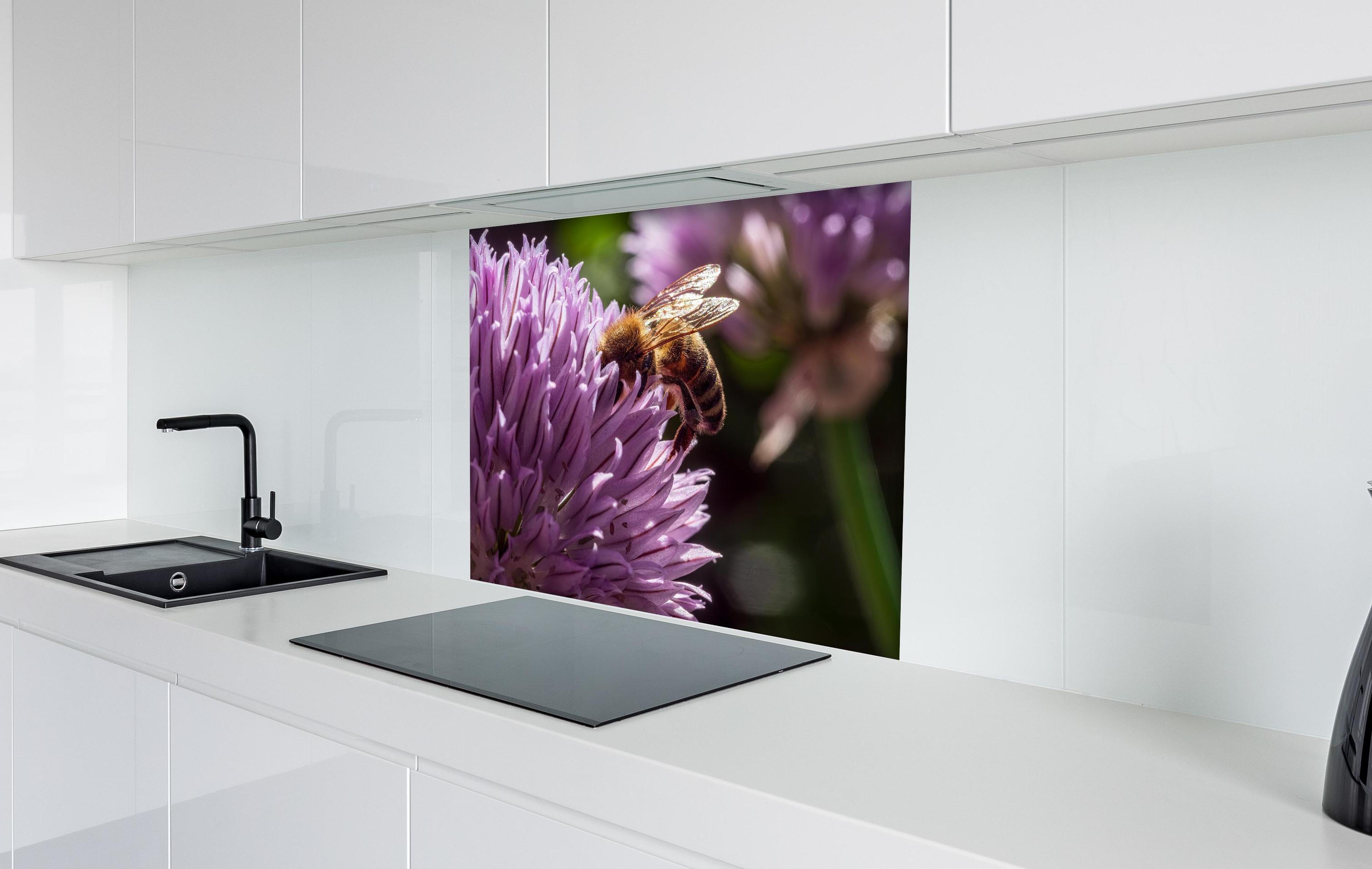 Spritzschutz - Biene auf lila Blüte Makroaufnahme hinter einem Cerankochfeld zwischen Holz-Kochutensilien
