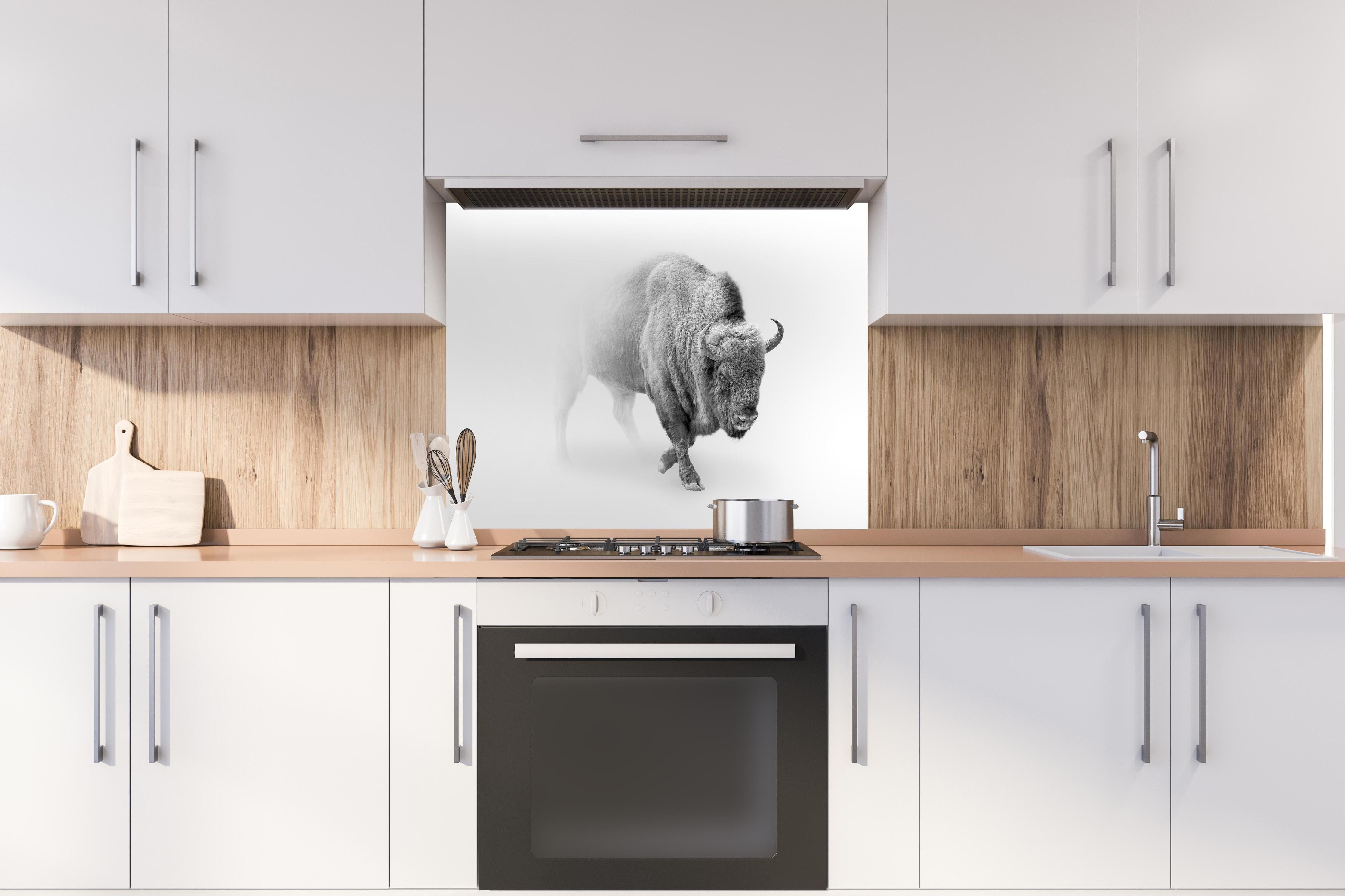 Spritzschutz - Bison Graustufenbild hinter einem Cerankochfeld zwischen Holz-Kochutensilien
