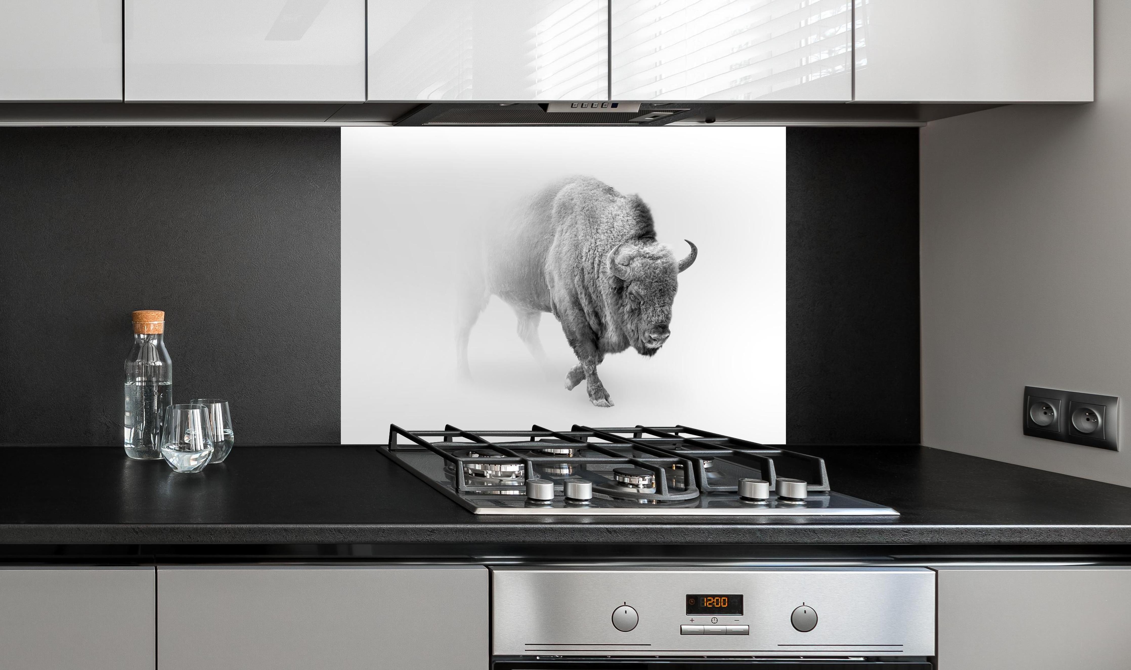 Spritzschutz - Bison Graustufenbild hinter einem Cerankochfeld zwischen Holz-Kochutensilien
