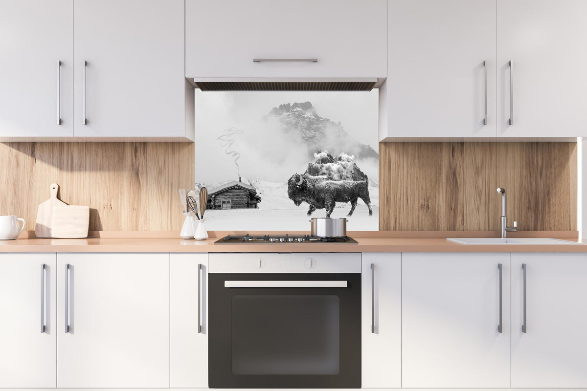 Spritzschutz - Bison vor Winterlandschaft in Monochrom hinter einem Cerankochfeld zwischen Holz-Kochutensilien
