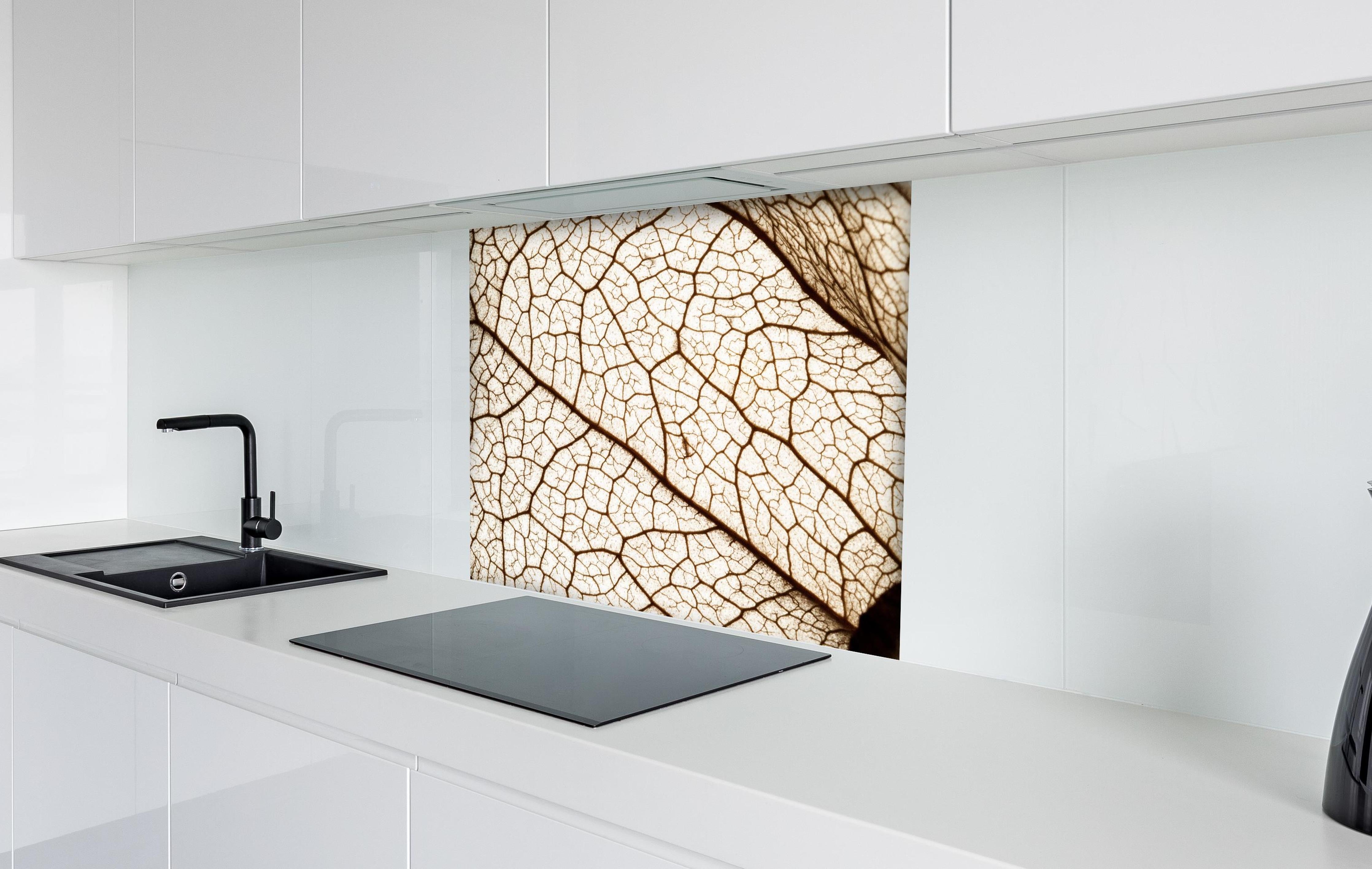 Spritzschutz - Blatttextur im Detail hinter einem Cerankochfeld zwischen Holz-Kochutensilien

