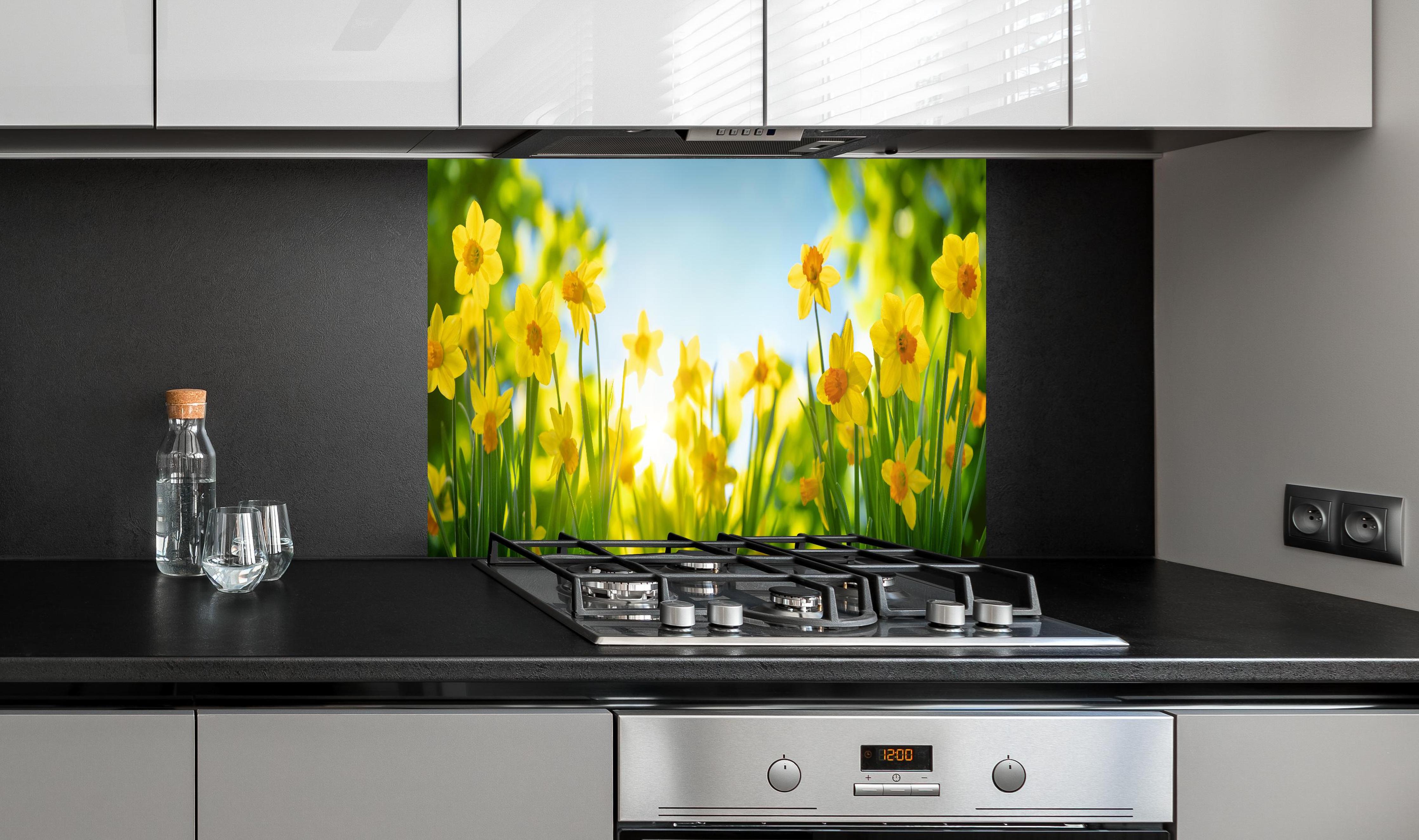 Spritzschutz - Blühende Frühlings-Narzissen hinter einem Cerankochfeld zwischen Holz-Kochutensilien
