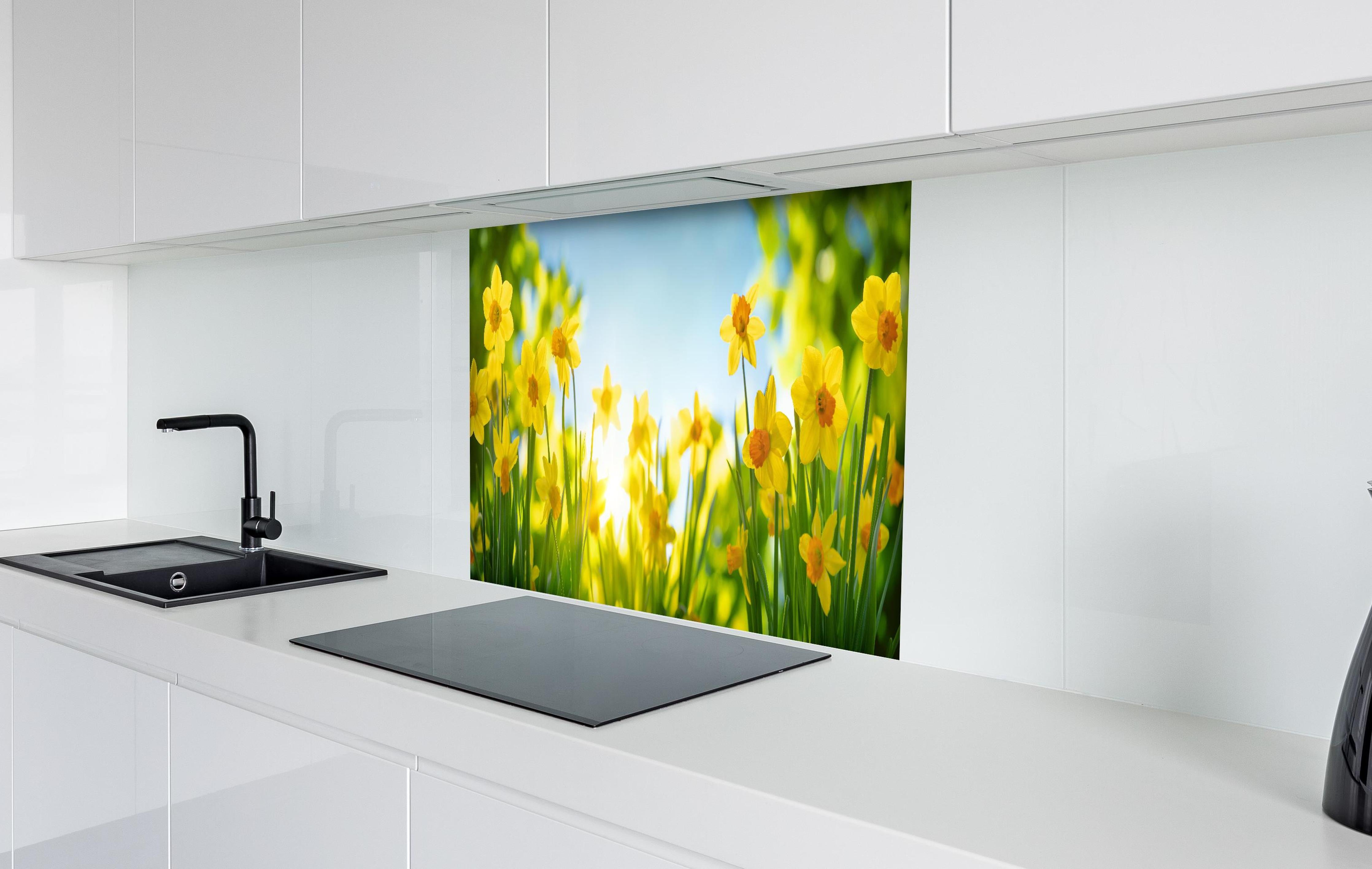 Spritzschutz - Blühende Frühlings-Narzissen hinter einem Cerankochfeld zwischen Holz-Kochutensilien
