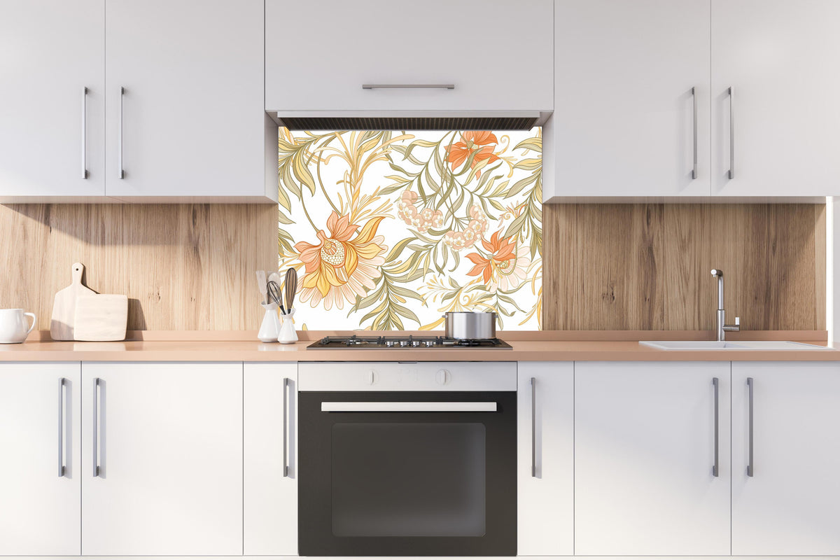 Spritzschutz - Blumenmuster in sanften Pastelltönen Wandbild hinter einem Cerankochfeld zwischen Holz-Kochutensilien
