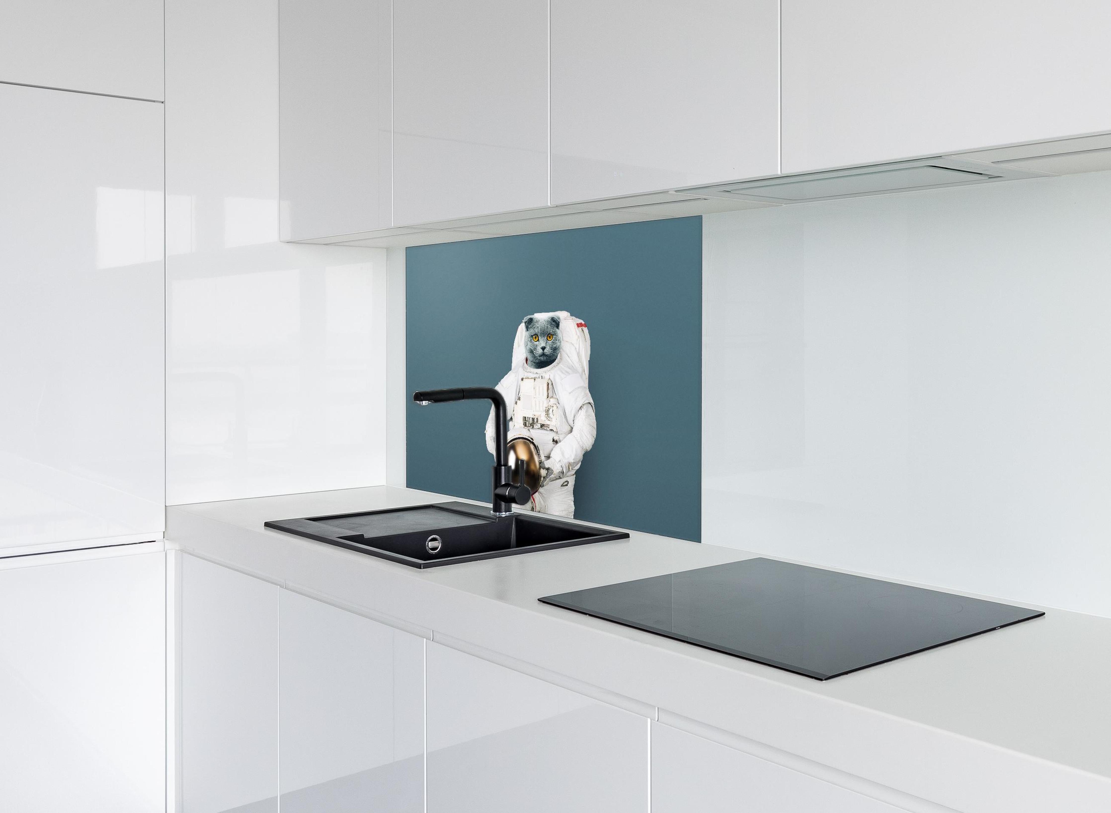 Spritzschutz - Britischer Katzen-Astronaut mit Helm hinter einem Cerankochfeld zwischen Holz-Kochutensilien
