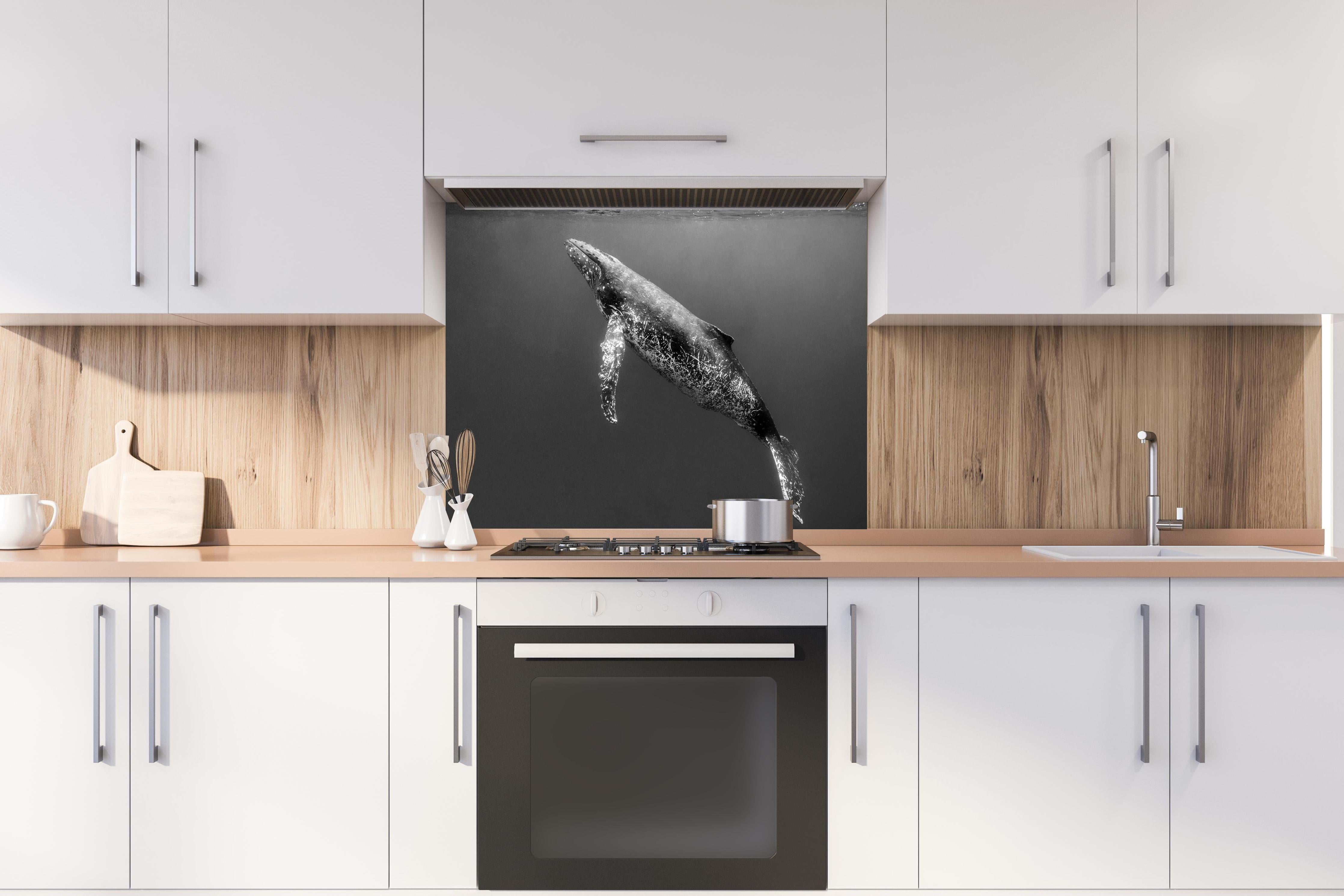 Spritzschutz - Buckelwal hinter einem Cerankochfeld zwischen Holz-Kochutensilien

