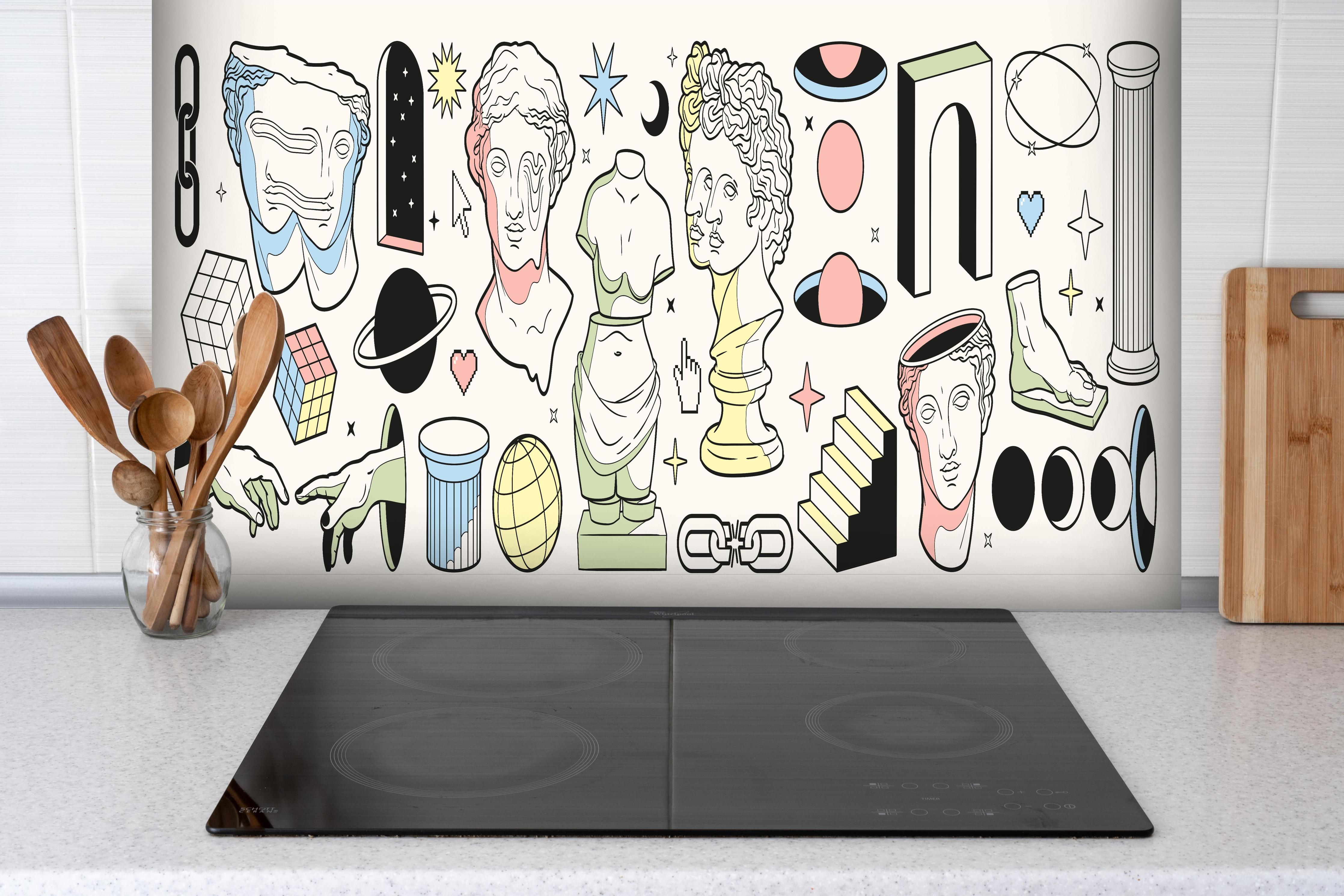 Spritzschutz - Bunte Antike Kunstobjekte Illustrationen hinter einem Cerankochfeld zwischen Holz-Kochutensilien
