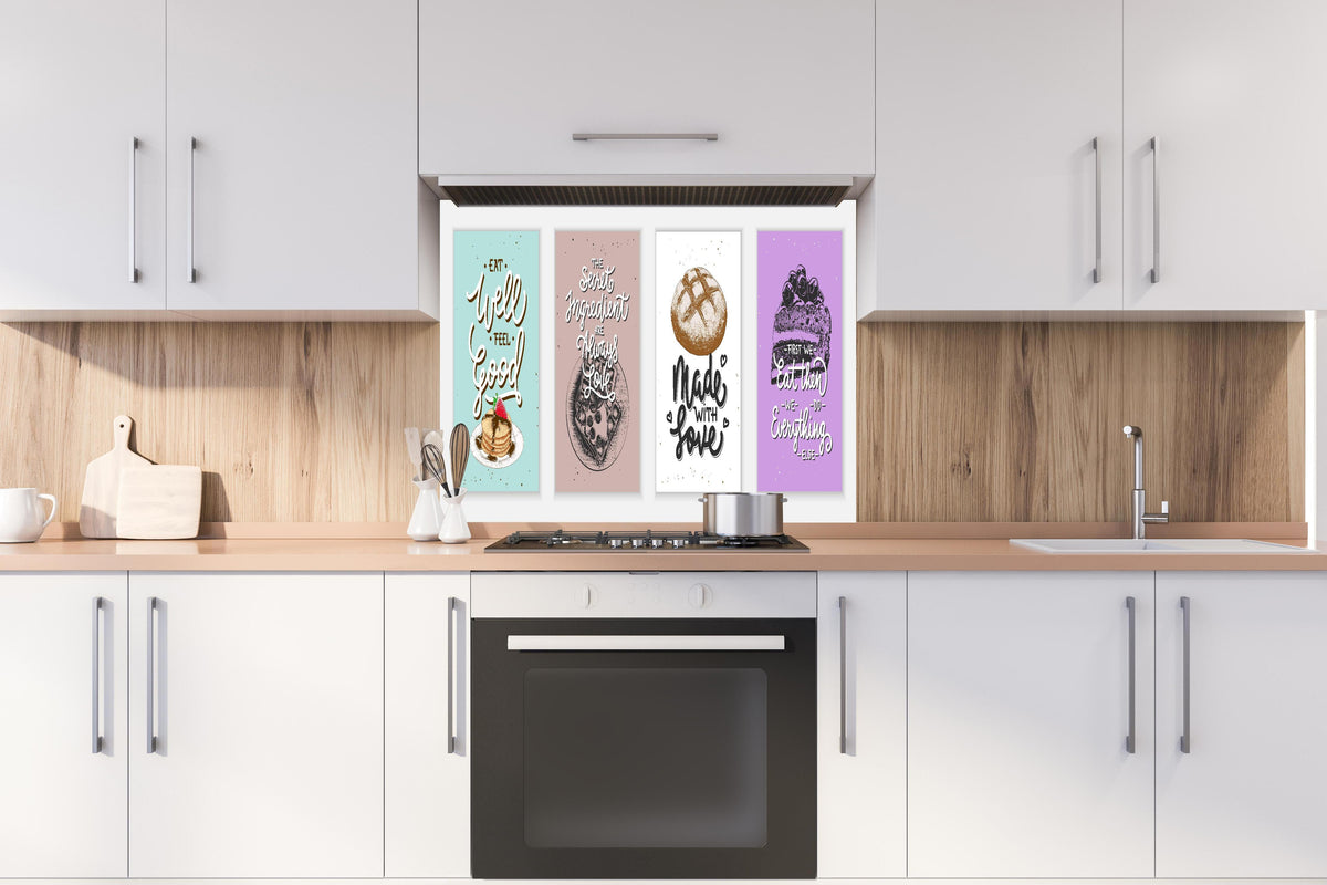 Spritzschutz - Bunte Backkunst Sprüche Poster Serie hinter einem Cerankochfeld zwischen Holz-Kochutensilien
