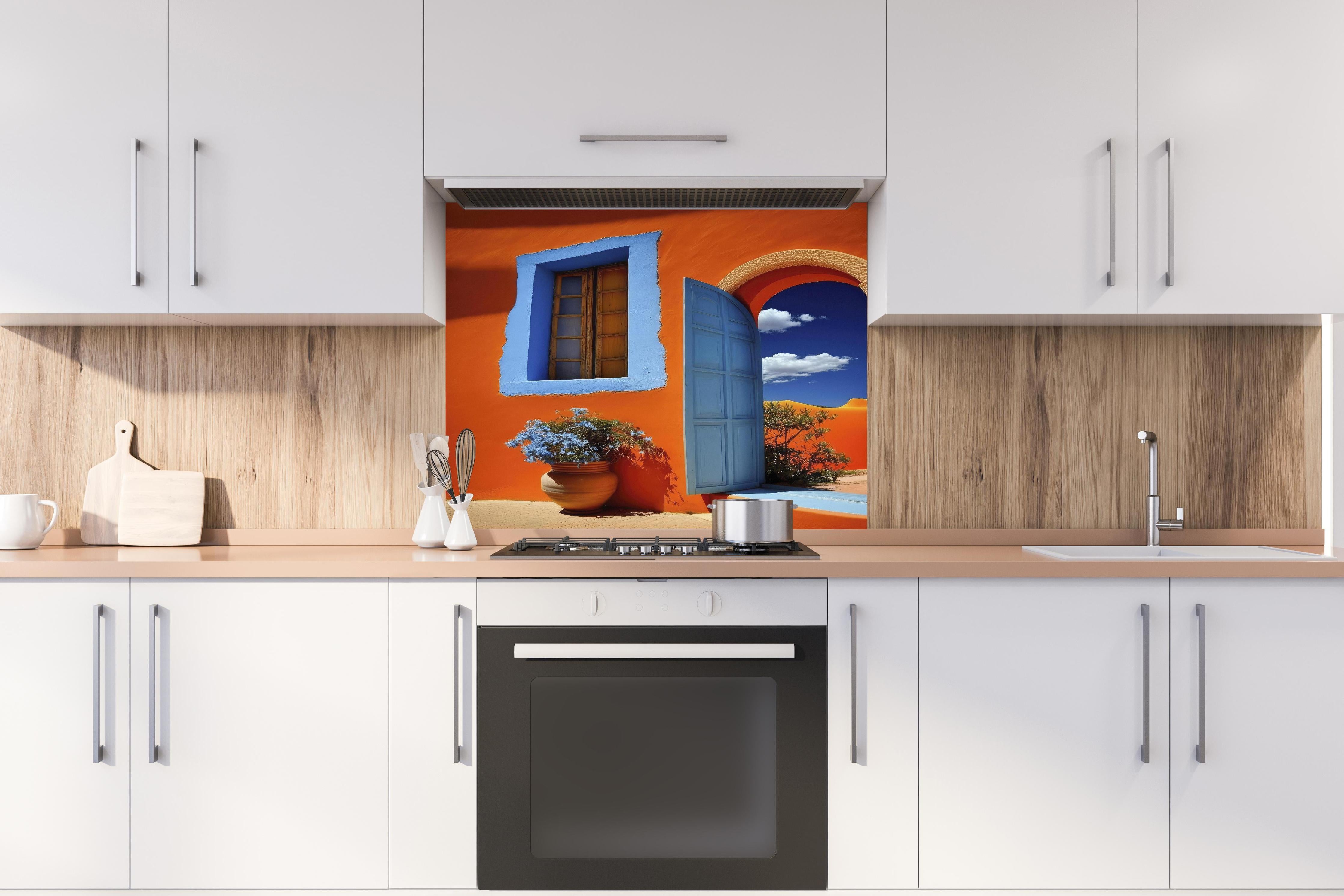 Spritzschutz - Bunte Eingangstür im südlichen Stil hinter einem Cerankochfeld zwischen Holz-Kochutensilien
