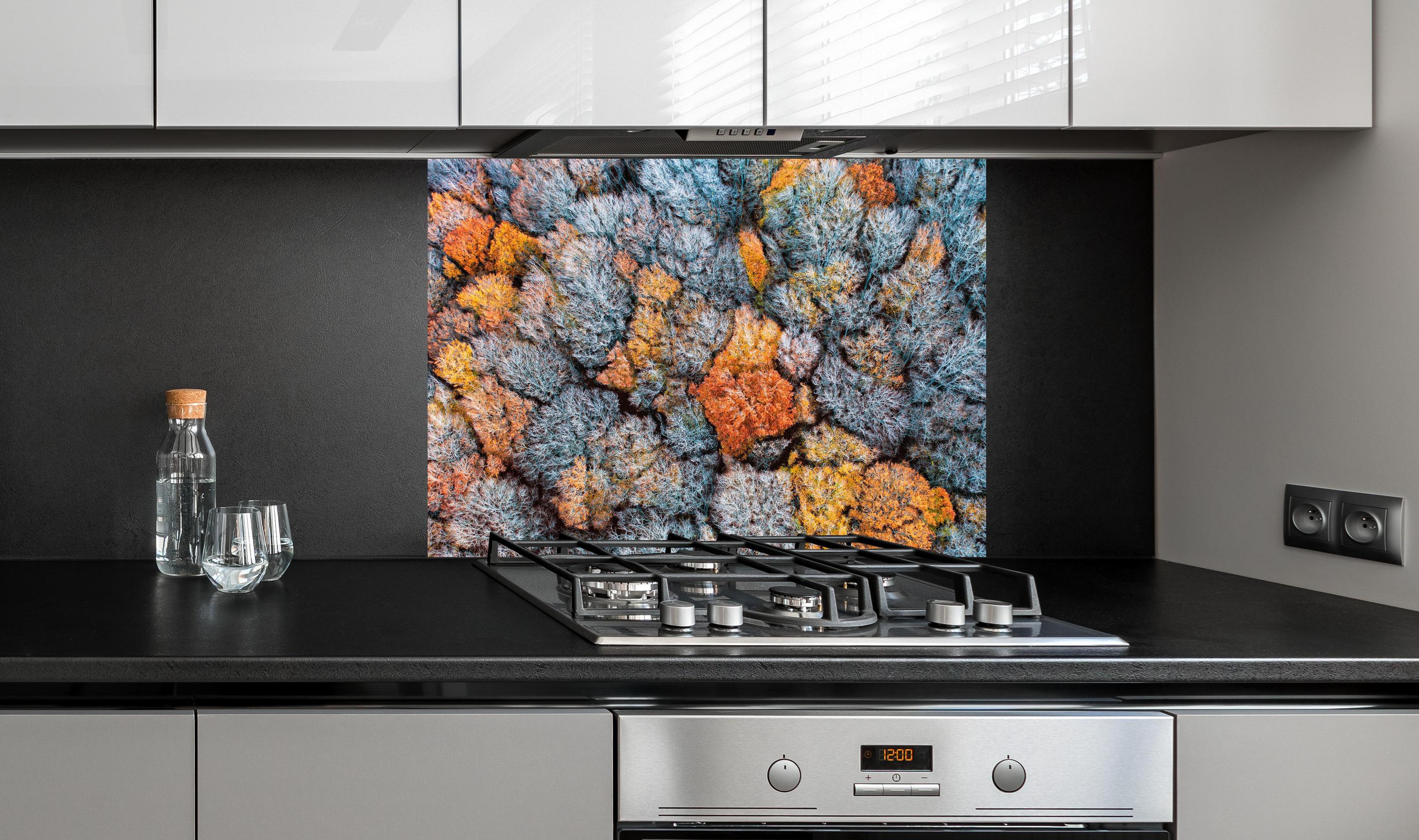 Spritzschutz - Bunte Herbstbeechen von oben hinter einem Cerankochfeld zwischen Holz-Kochutensilien
