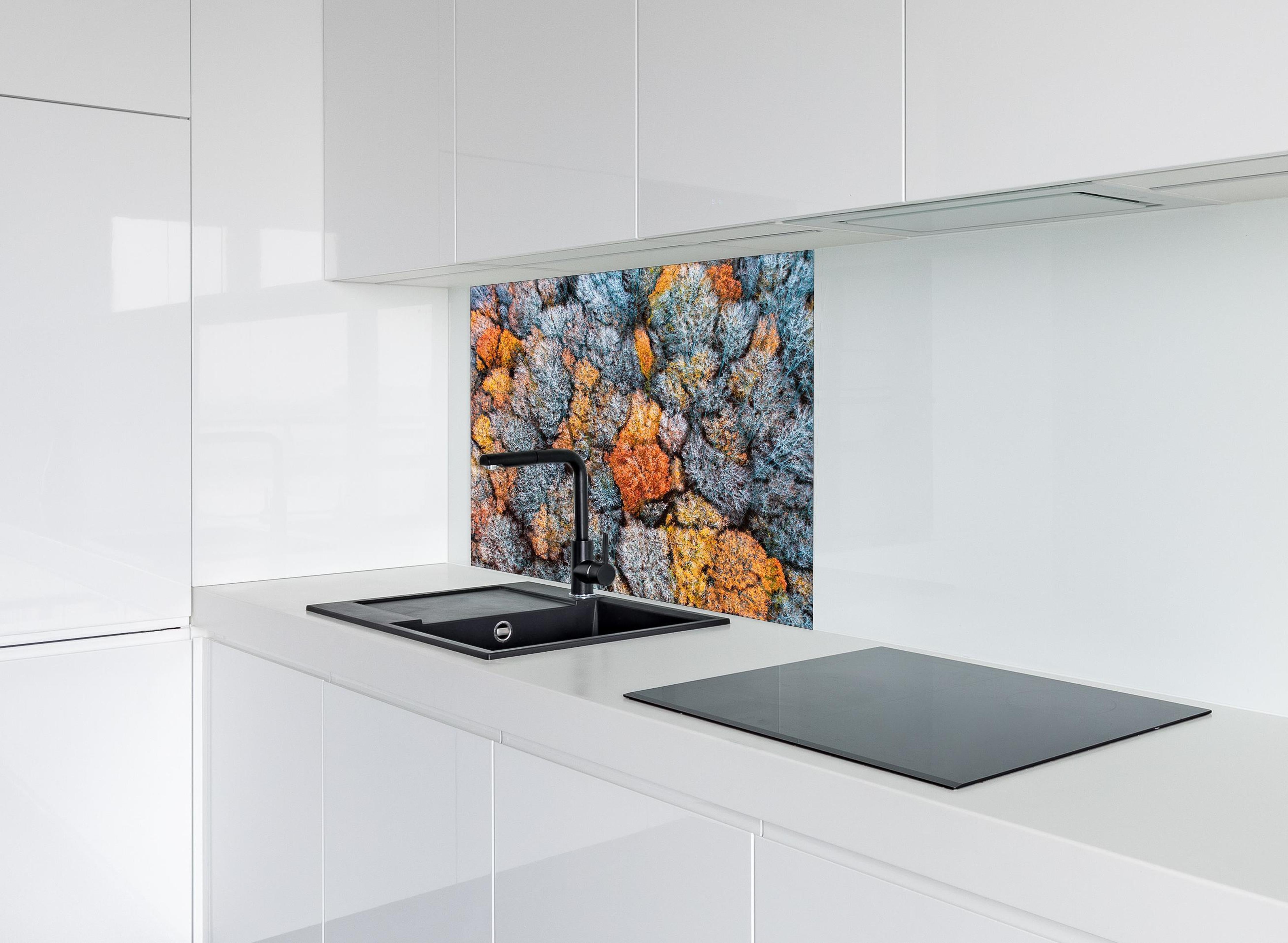 Spritzschutz - Bunte Herbstbeechen von oben hinter einem Cerankochfeld zwischen Holz-Kochutensilien
