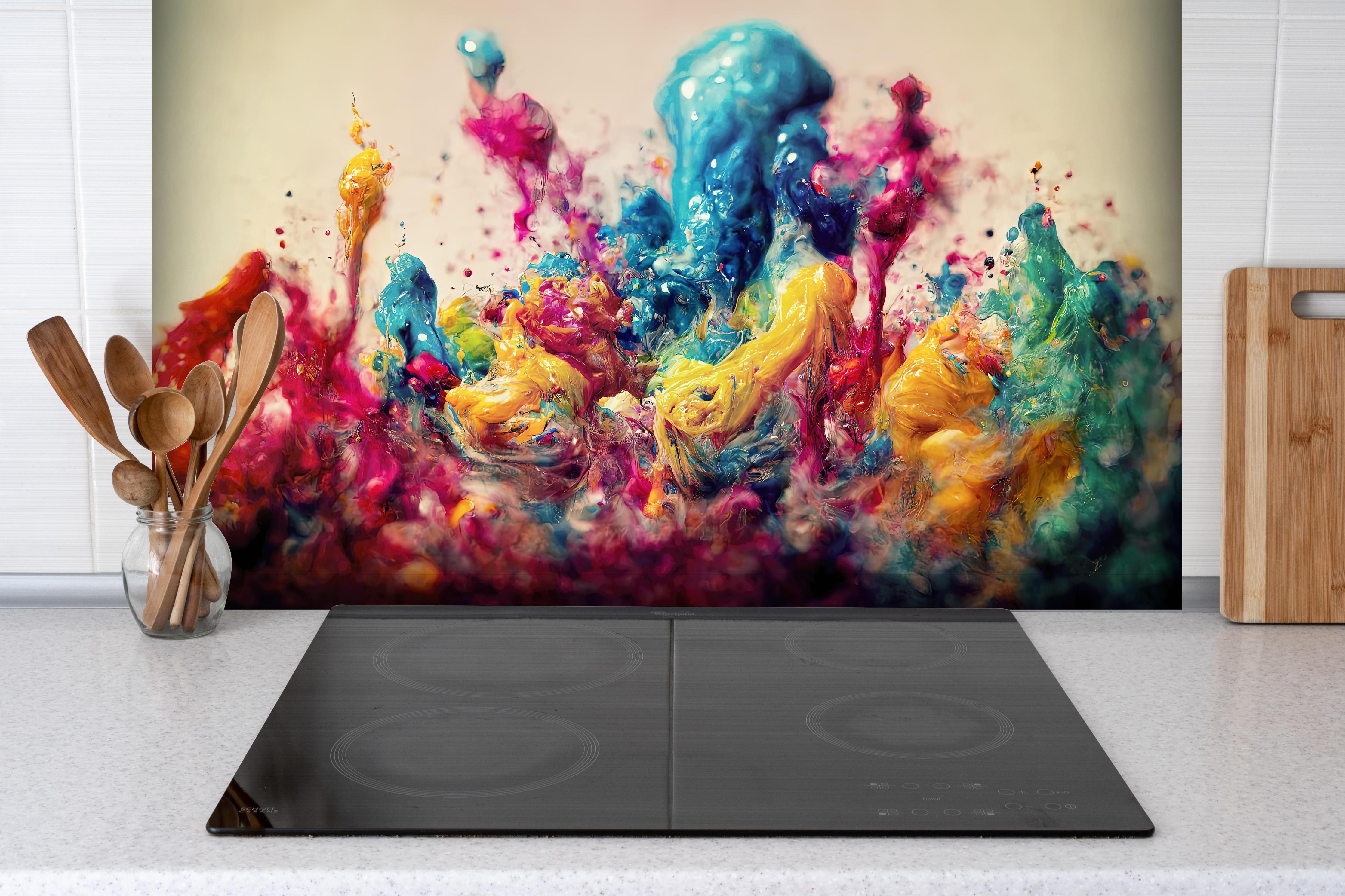 Spritzschutz - Bunte Ölfarben Explosion als Hintergrund hinter einem Cerankochfeld zwischen Holz-Kochutensilien
