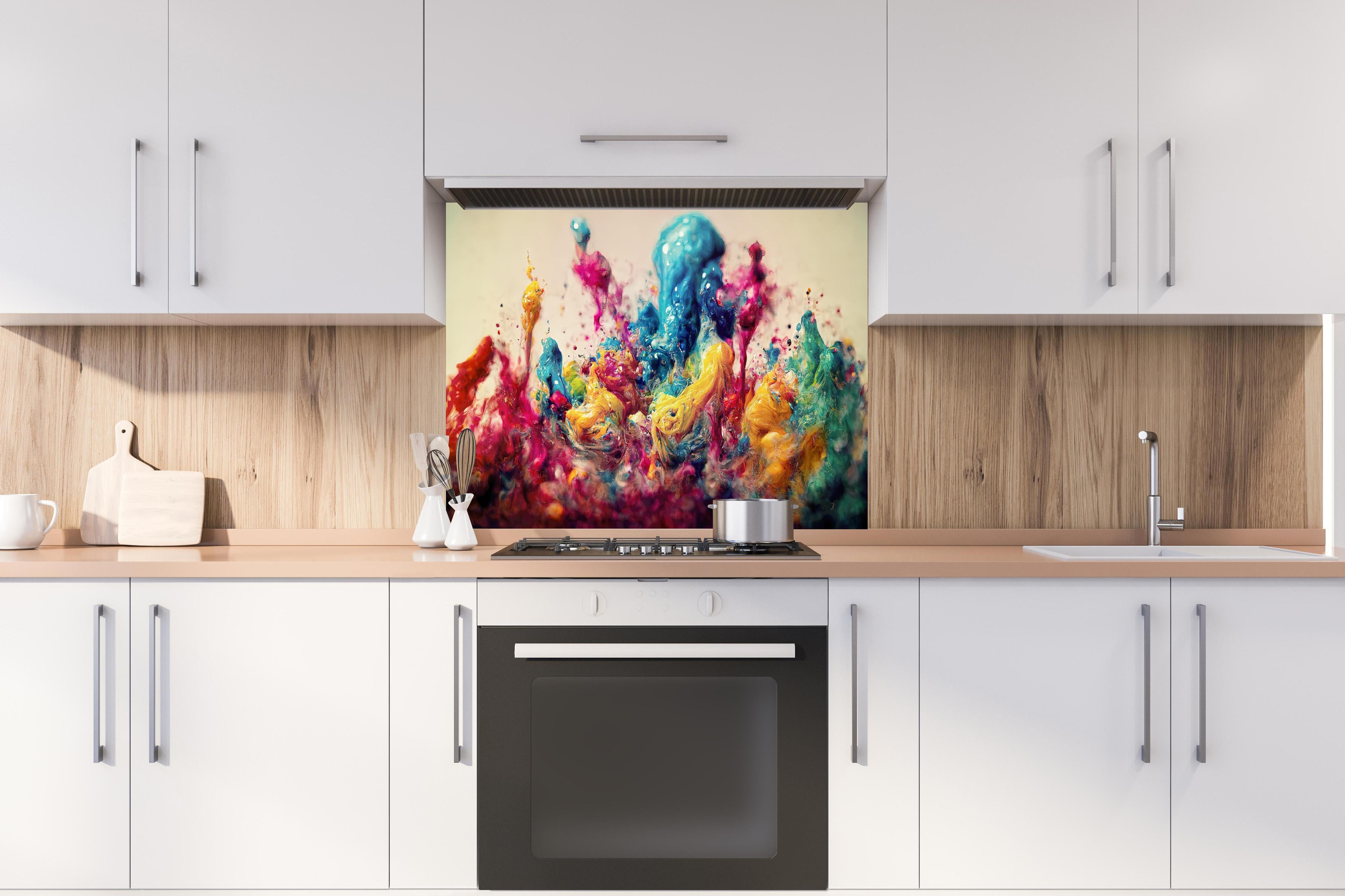 Spritzschutz - Bunte Ölfarben Explosion als Hintergrund hinter einem Cerankochfeld zwischen Holz-Kochutensilien
