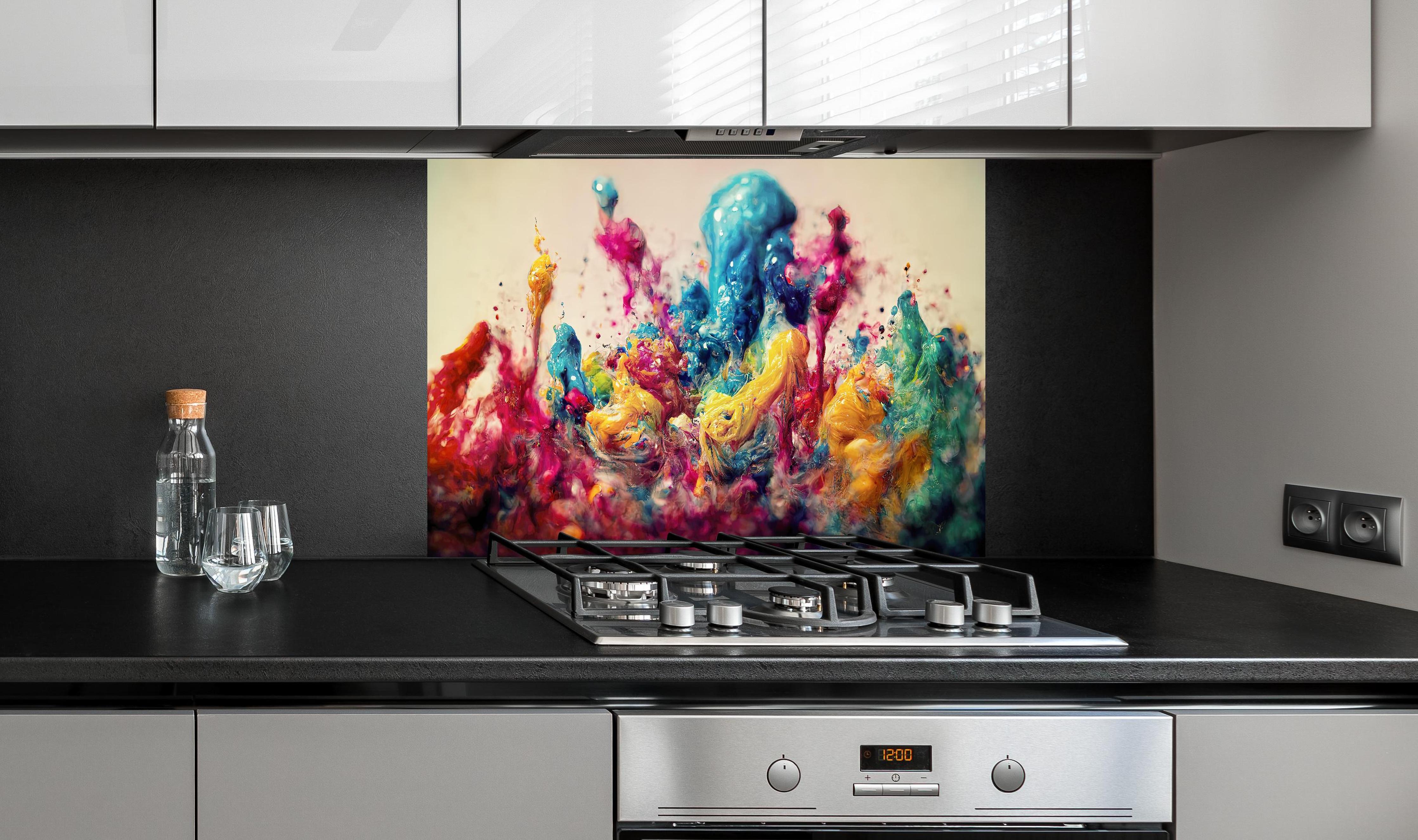 Spritzschutz - Bunte Ölfarben Explosion als Hintergrund hinter einem Cerankochfeld zwischen Holz-Kochutensilien
