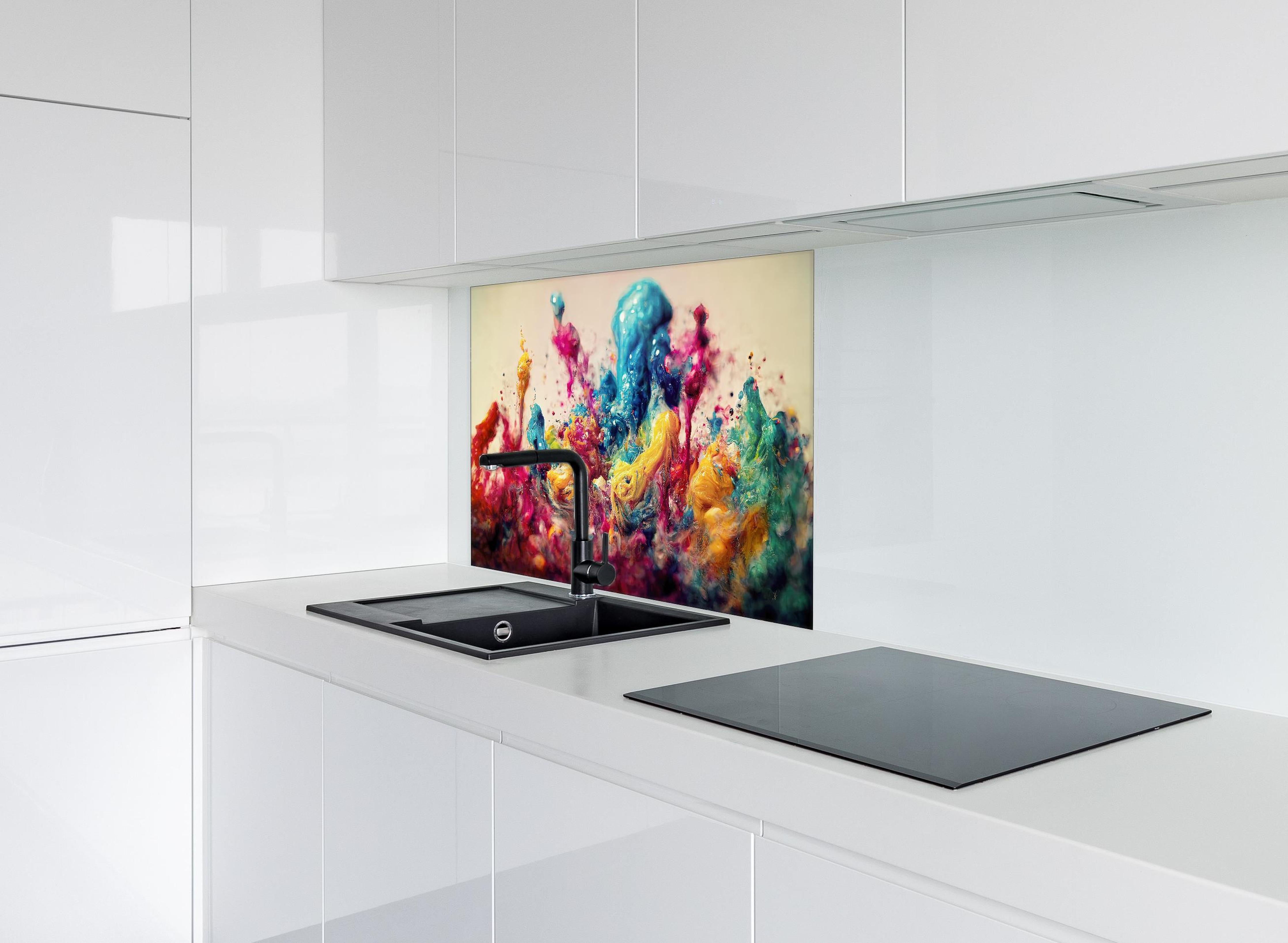 Spritzschutz - Bunte Ölfarben Explosion als Hintergrund hinter einem Cerankochfeld zwischen Holz-Kochutensilien
