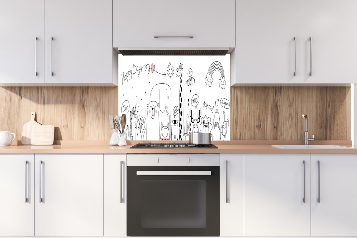 Spritzschutz - Bunte Tierzeichnungen Schwarz-Weiß Illustration hinter einem Cerankochfeld zwischen Holz-Kochutensilien
