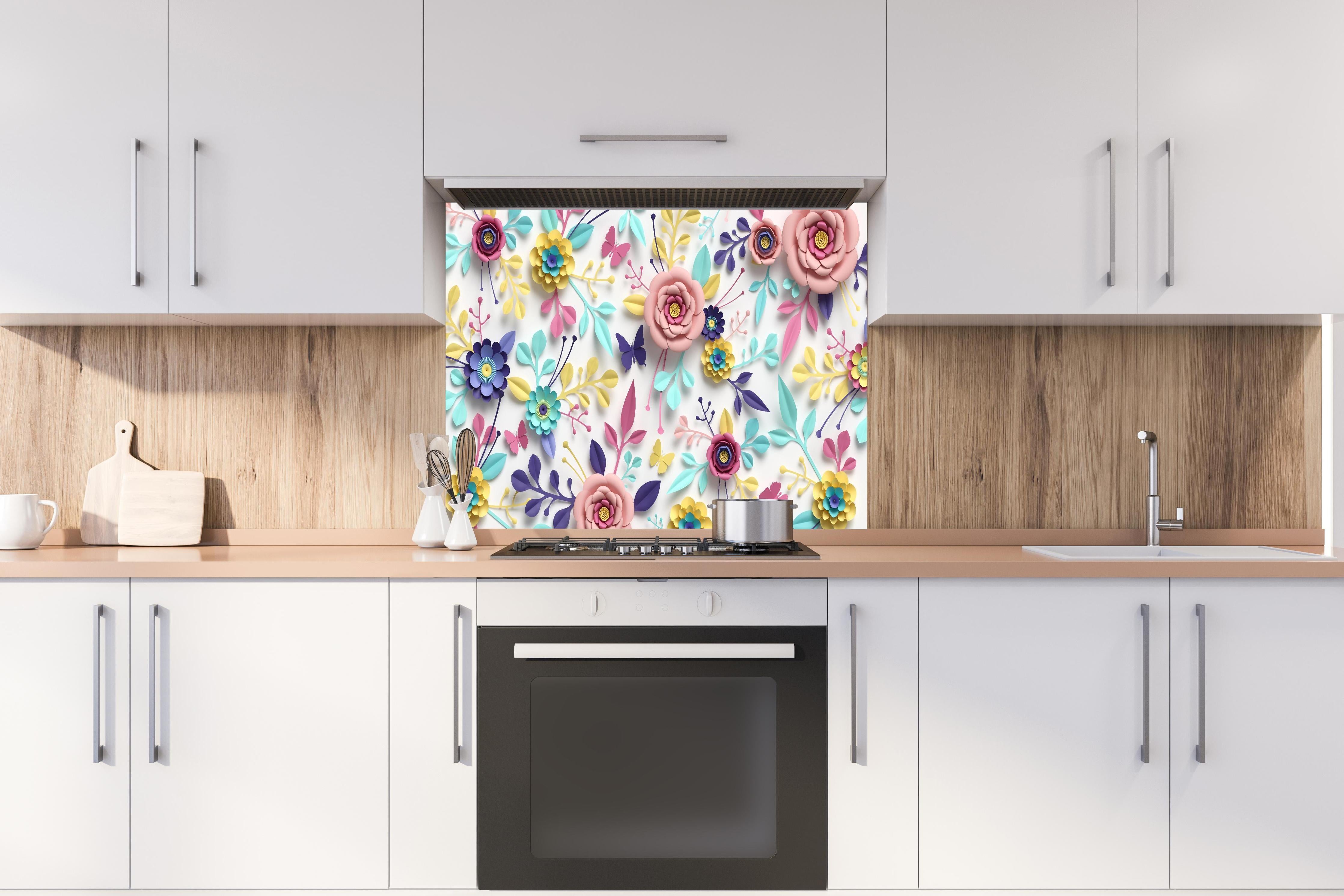 Spritzschutz - Buntes Design - Textur hinter einem Cerankochfeld zwischen Holz-Kochutensilien
