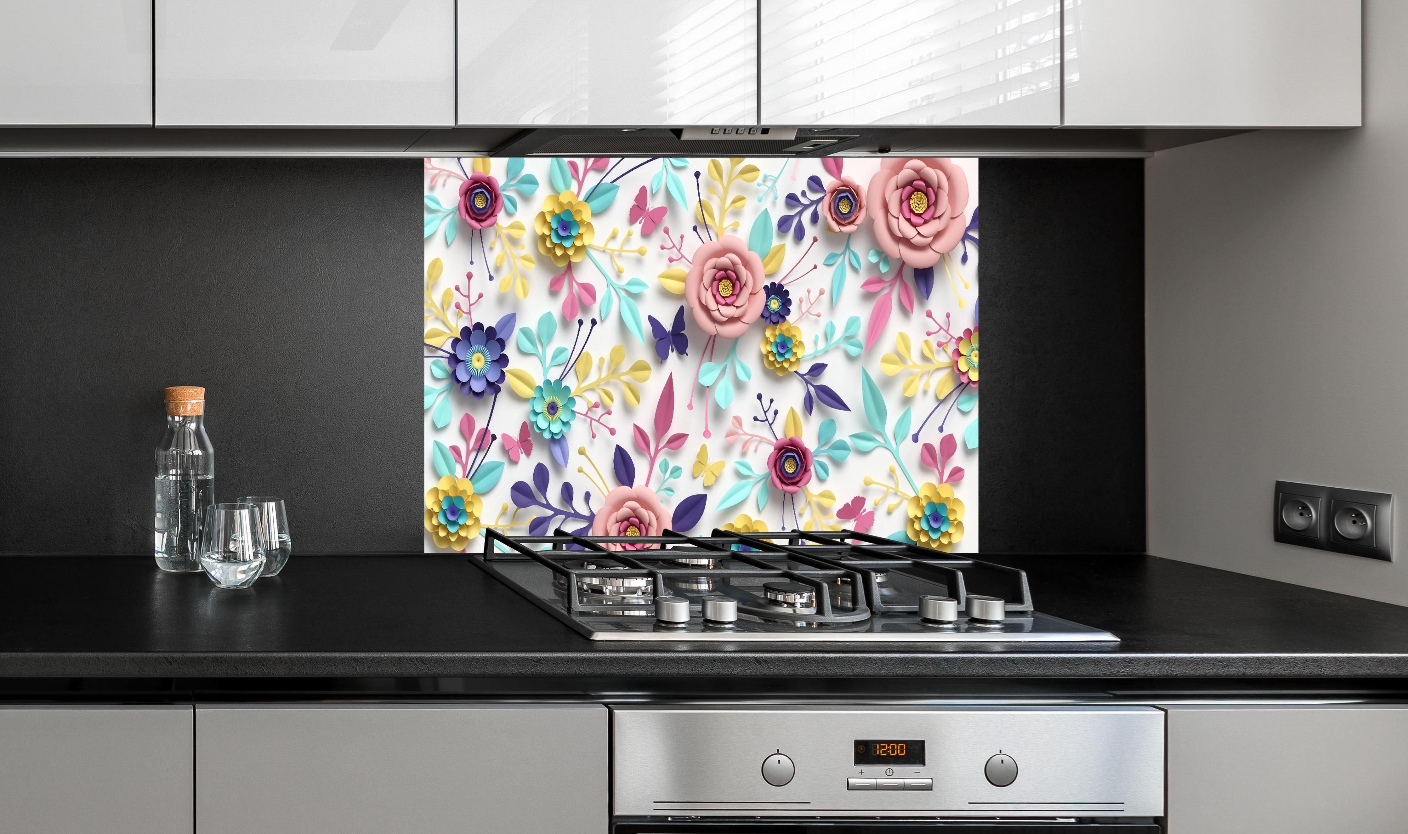 Spritzschutz - Buntes Design - Textur hinter einem Cerankochfeld zwischen Holz-Kochutensilien
