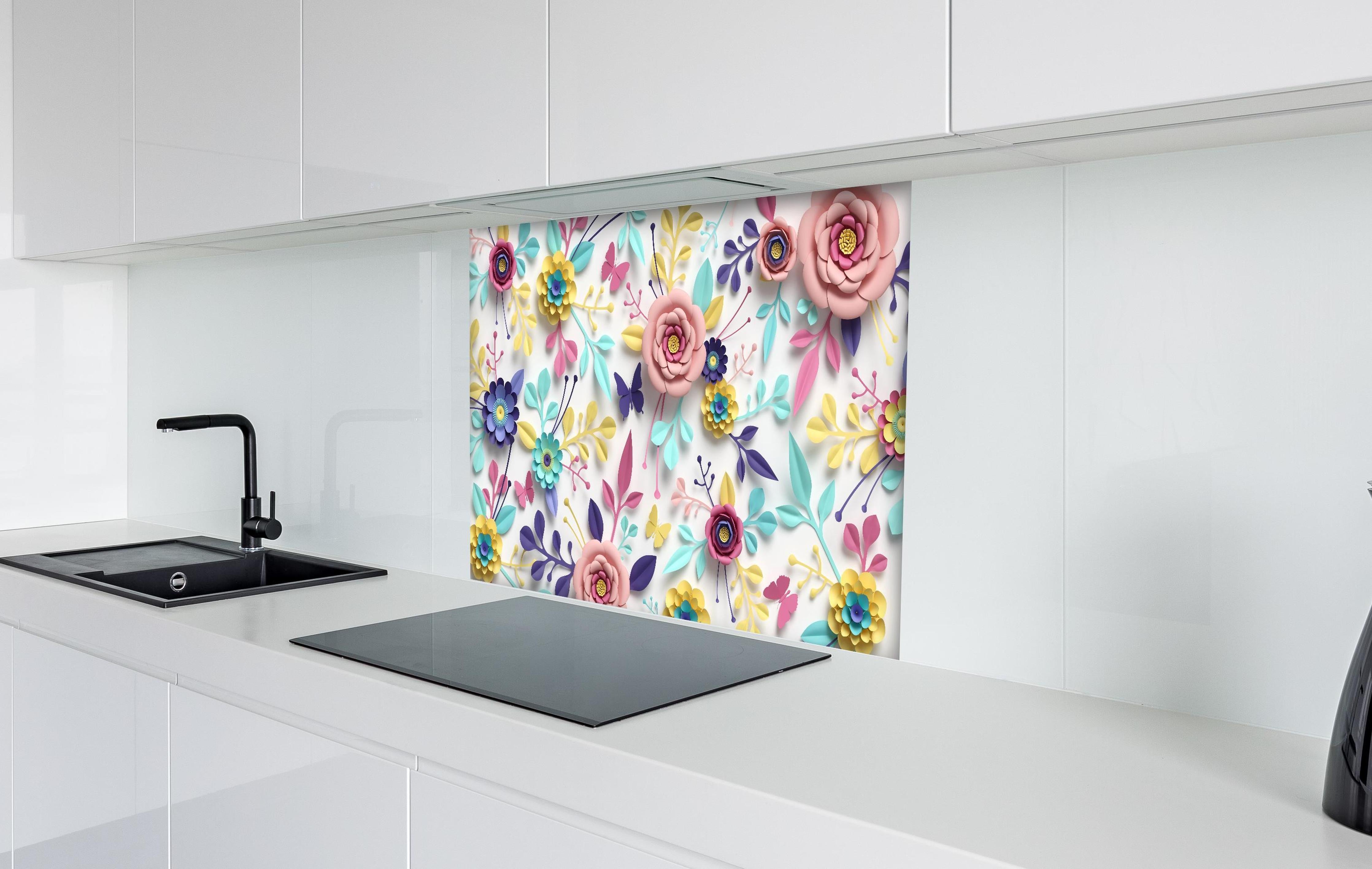 Spritzschutz - Buntes Design - Textur hinter einem Cerankochfeld zwischen Holz-Kochutensilien

