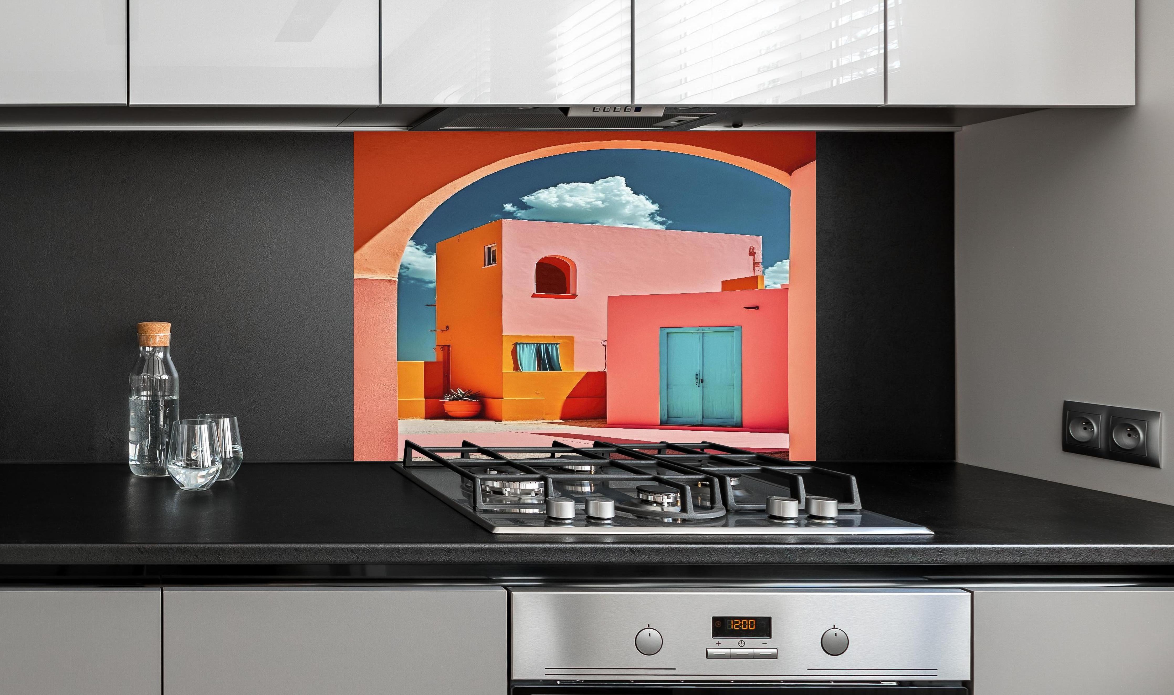 Spritzschutz - Buntes Dorf Mediterranes Flair hinter einem Cerankochfeld zwischen Holz-Kochutensilien
